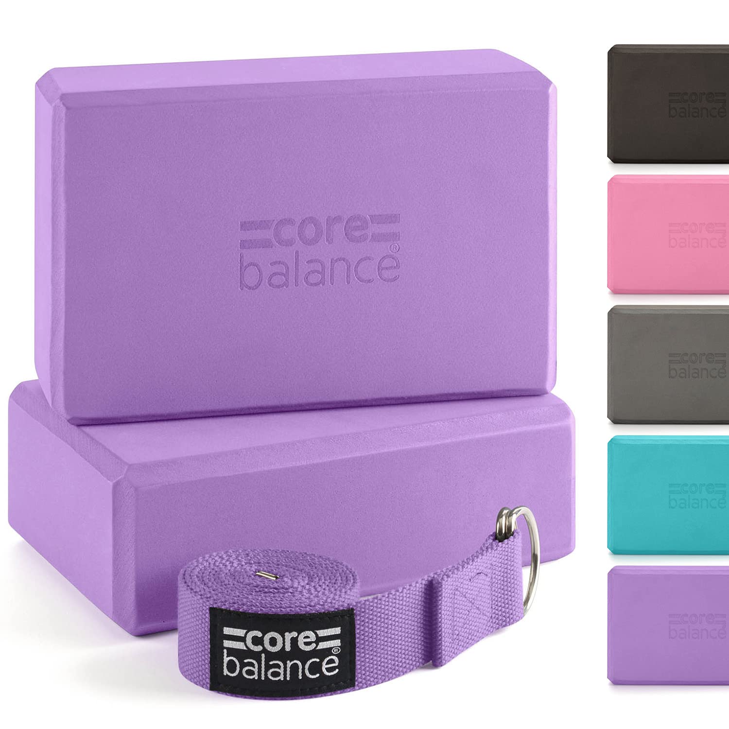 Core Balance - Lot 2 Blocs de Yoga + 1 Sangle - Brique Confort, Robuste, Légère en Mousse EVA Haute Densité pour Stretching, Fitness, Pilates - Ceinture Coton avec Boucle de Serrage D, 5 Couleurs