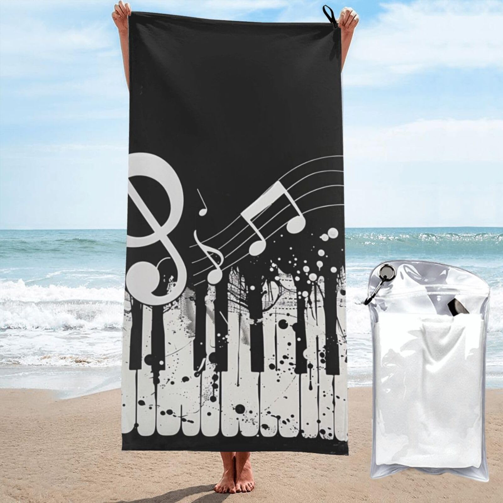 BWWHCCTI Black White Music Note Printed Microfiber Quick Dry Beach Towel 80x160 CM, Fast Drying Bath Towels with Bags for Travel,Camping,Gym,Beach,Swimming,Yoga