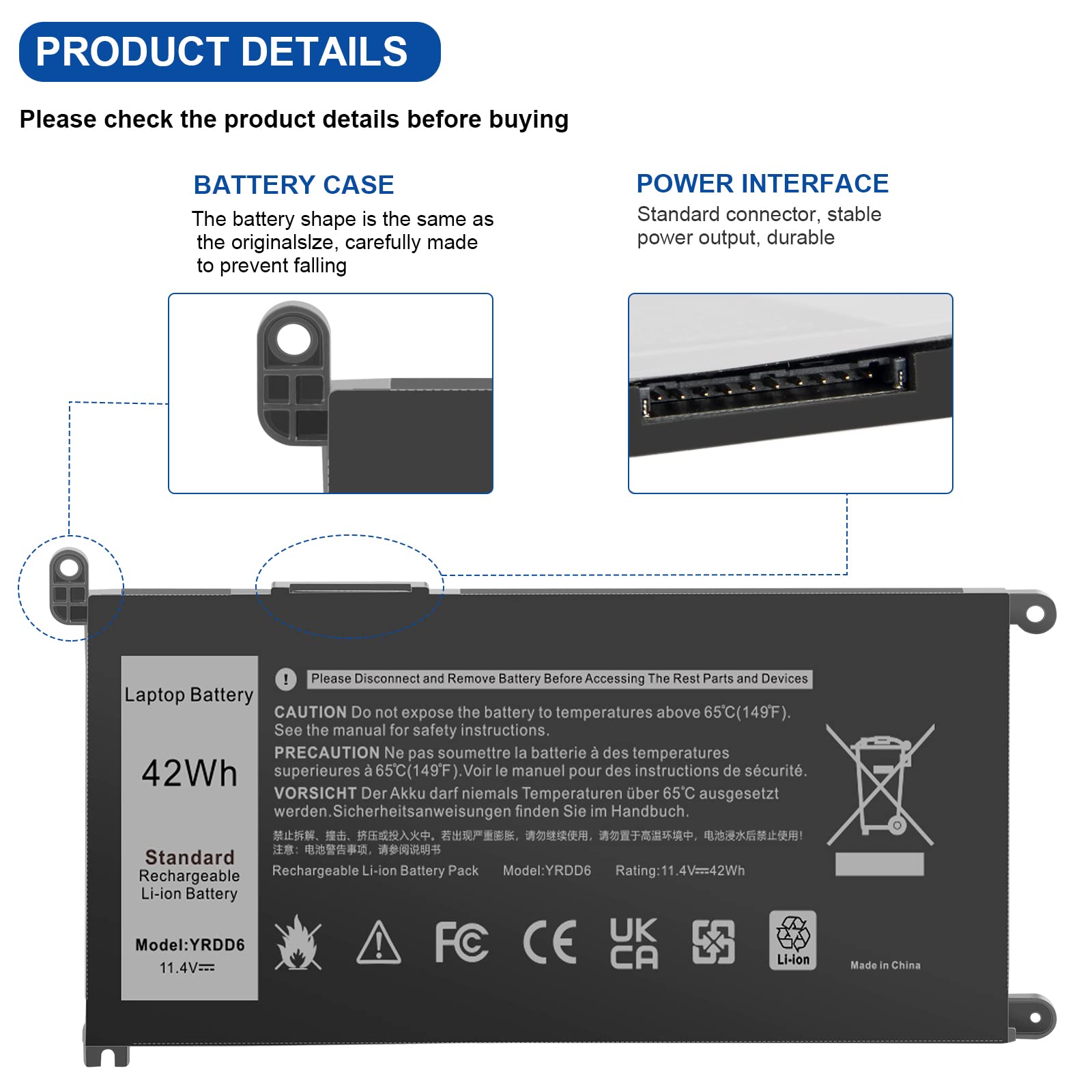ASUNCELL 11.4V/42Wh YRDD6 Batteria del computer portatile per Dell Inspiron 3480 3481 3482 3501 3502 3580 3590 5481 5485 5590 5591 7586 Vostro 3580 3581 3582 5481 5581 5490 5590 YRDD6 0YRDD6
