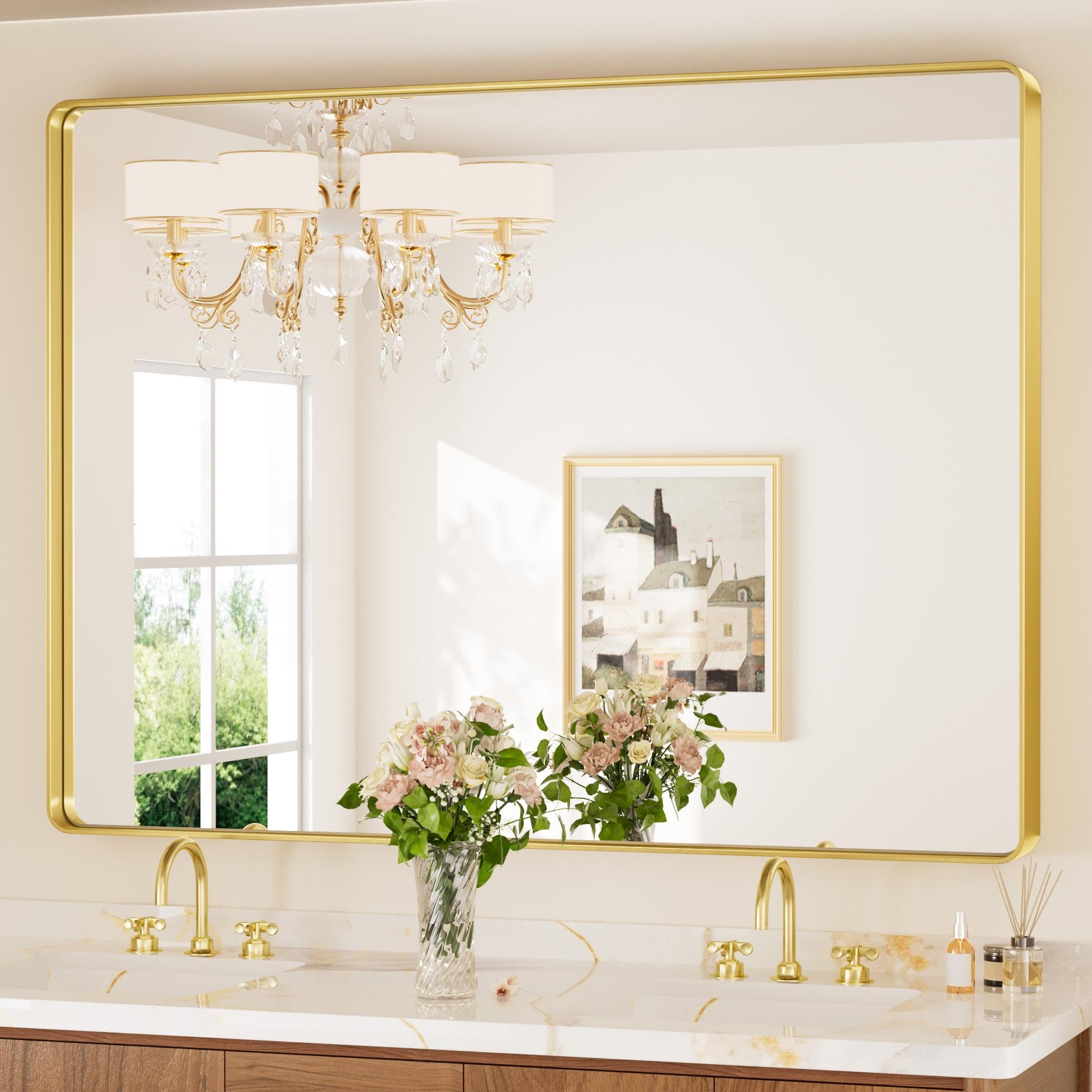 Keonjinn Gold Bathroom Mirrors for Over Sink, 40'' x 30'' Brushed Brass Mirror, Large Rounded Rectangle Gold Vanity Mirror with Metal Frame, HD Tempered Glass Modern Wall Mirror(Horizontal/Vertical)