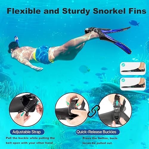 Miniatura 6 de Equipo de esnórquel para adultos, juego de aletas de máscara, máscara de buceo con vista panorámica, antivaho, esnórquel seco, aletas de natación
