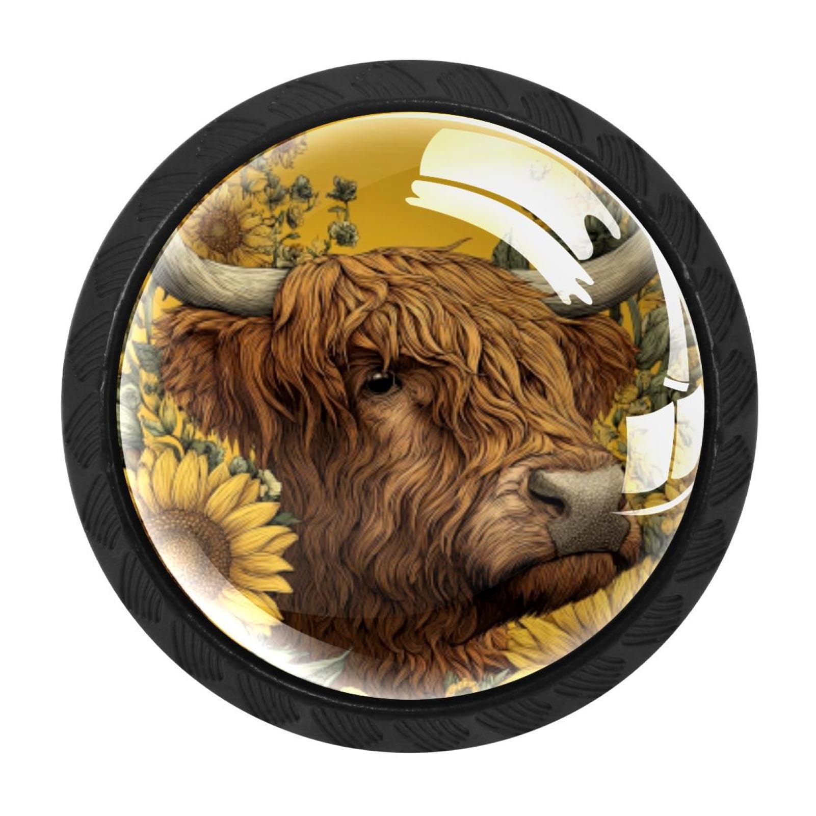 CHENZZZZ 4 Pieces Kitchen Cabinet Knobs Highland Cow Sunflowers (2) Drawer Knobs Dresser Knobs Drawer Pulls Door Knobs Dresser Drawer Handles Knobs for Dresser Drawers