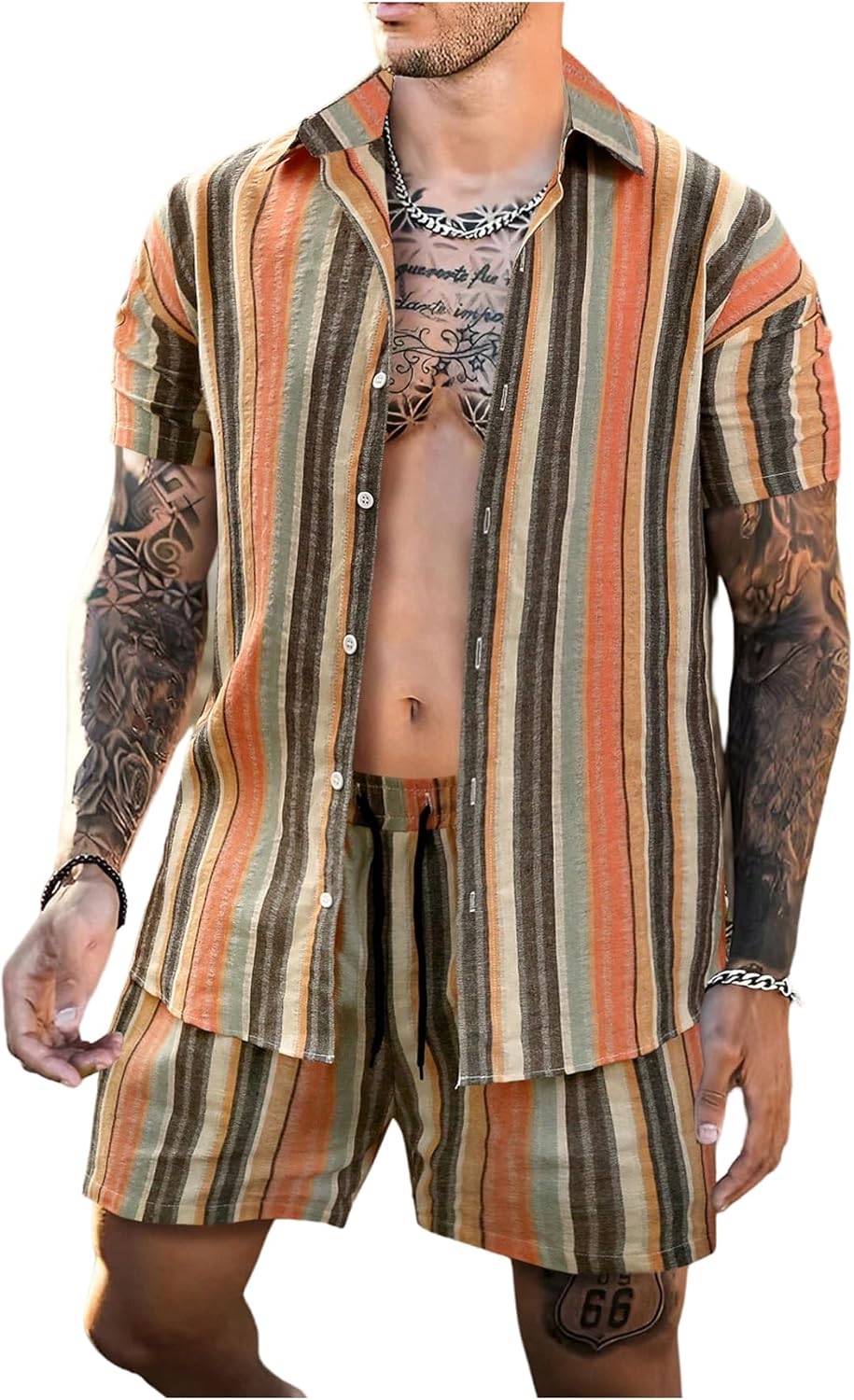 WDIRARA Men's Striped 2 Piece Outfits Short Sleeve Button Down Shirts Shorts Set Vacation Outfits