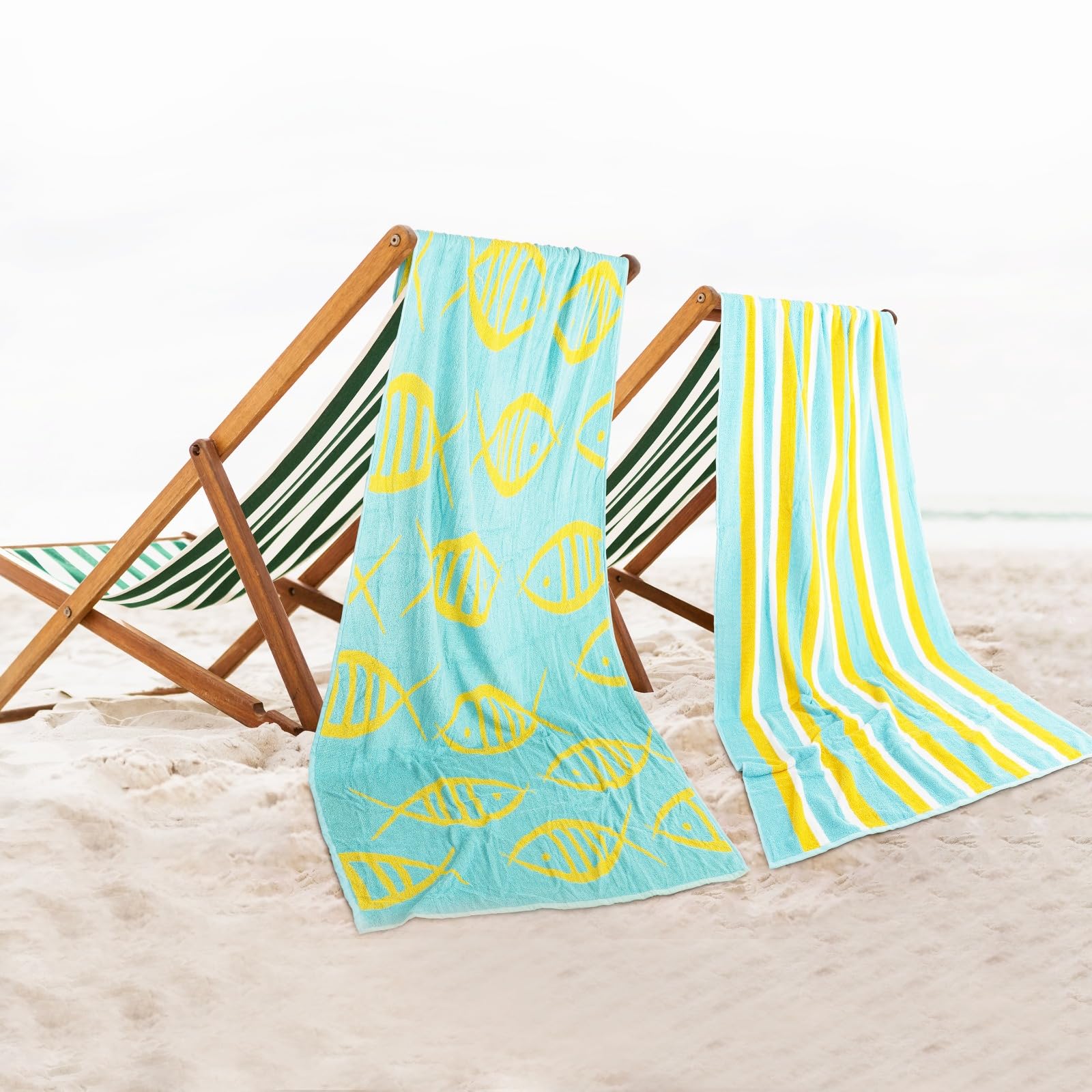 Casa Copenhagen 2 draps Bain, 600g/m², Poissons Bleu - Vert & Rayures | Miami serviettes 100% coton égyptien (150 x 75 cm) plage, douche et piscine (coffret cadeau femme et homme)