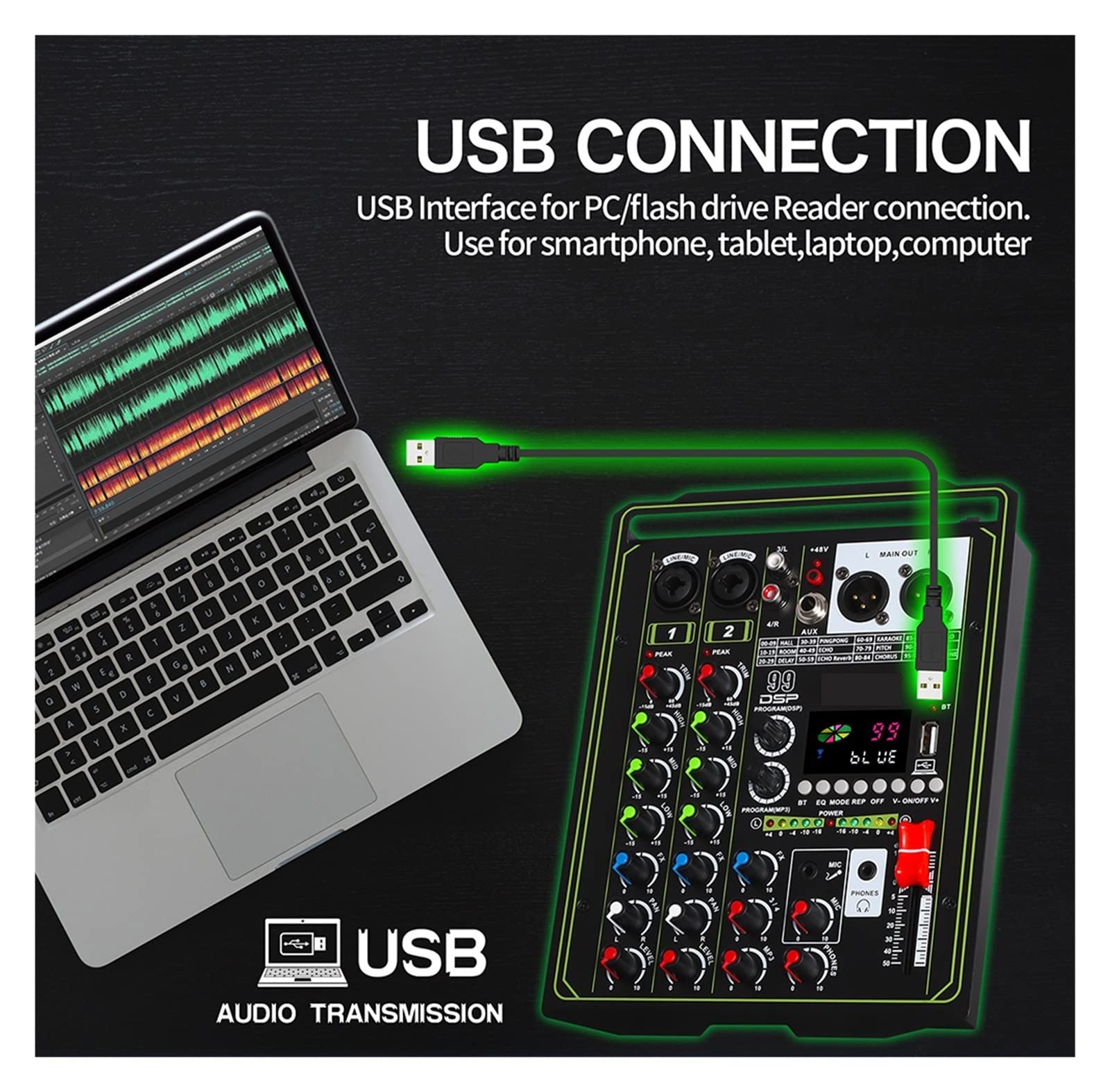 Mezclador de DJ, 99 DSP Effect Mixer 4 canales Portable 48V Phantom Power Monitor DJ Mixing Console for estudio profesional(Nero)