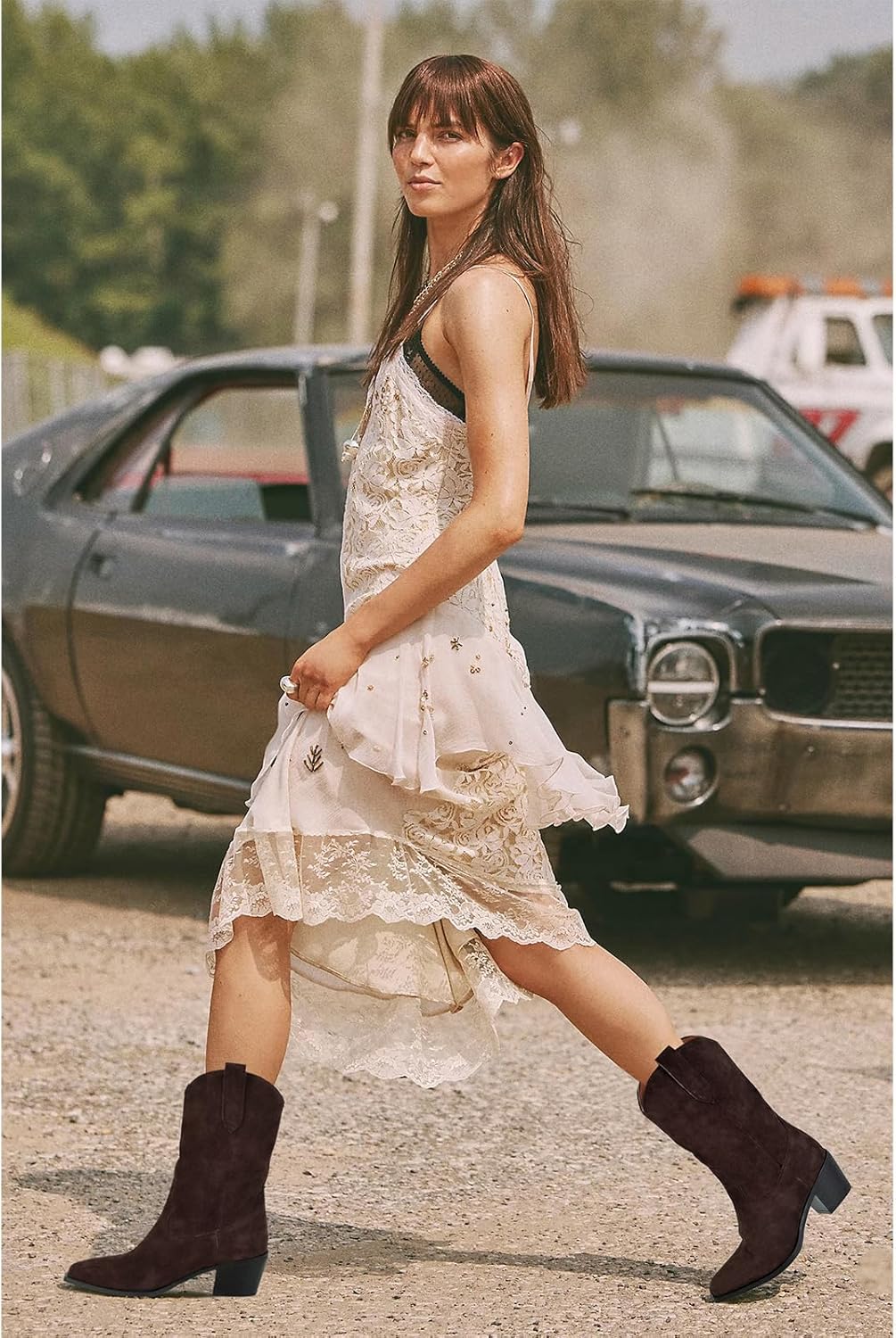 Suede Cowboy Boots for Women Pointed Toe Mid-Calf Western Boots Chunky Heel Cowgirl Booties Dressy Pull on Wide Calf Fashion - Image 5