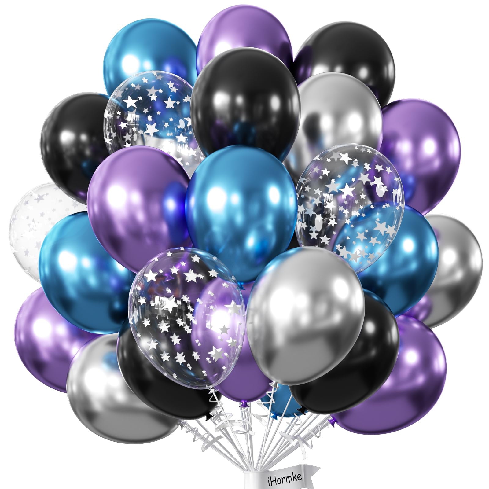 Galaxy Outer Space Balloons,60 Pack 12 Inch Metallic Blue Purple Silver Black Star Latex Balloons Arch Kit for Video Game Theme Birthday Decorations