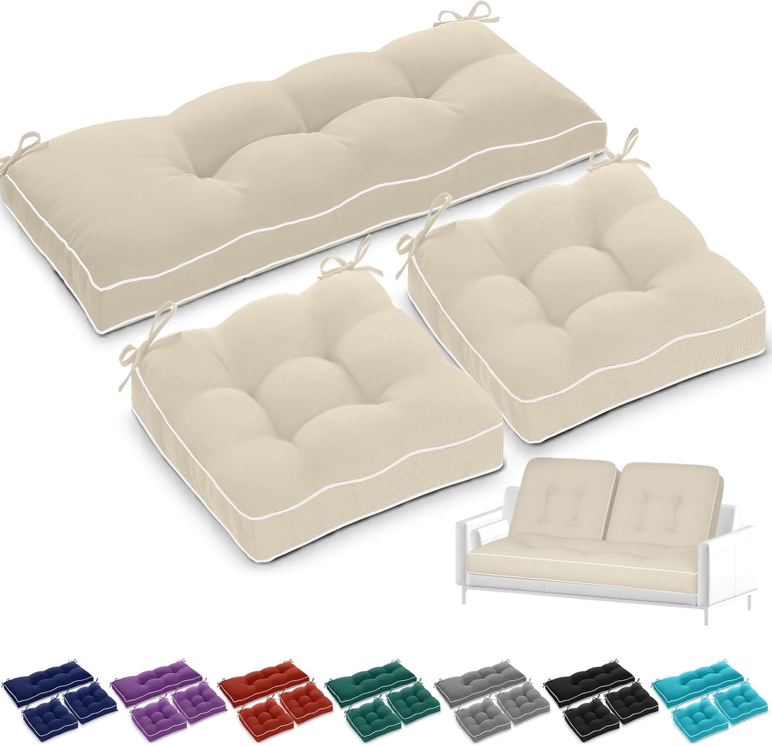 wenqik outdoor wicker chair cushions of 3 pieces 44 x 19 x 4 inch waterproof tufted bench cushions for patio furniture fade resistant 1 loveseat and 2 square seat pad for swing sofa settee (beige) beige 44 x 19 x 4 inch