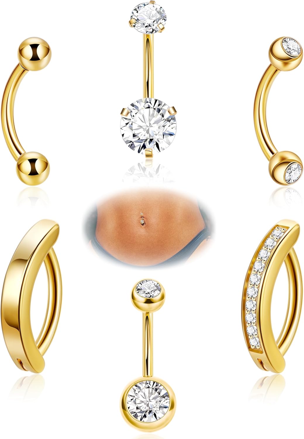 6Pcs 14G Surgical Steel Belly Button Rings for Women Small Belly Rings Clicker Reverse Navel Rings Internal Threaded CZ Tiny Belly Button Piercings