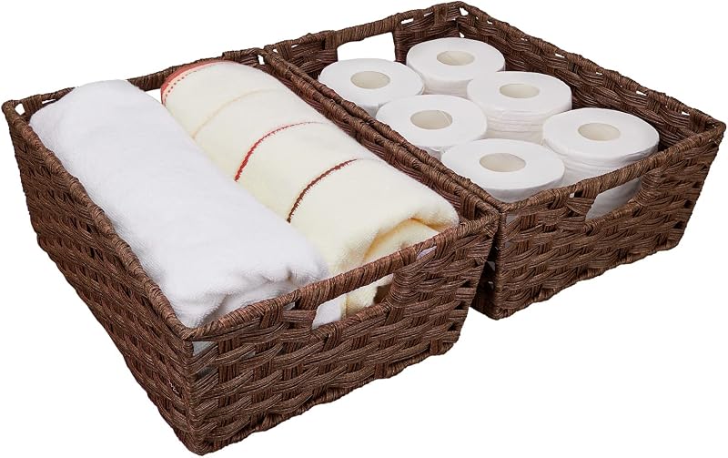 Onlytak Large Wicker Storage Basket, Metal Frame, Set of 2, Washable Waterproof, 15" x 10.3" x 5.2", Brown Color, Woven Basket for Pantry, Toilet, Bathroom, Bedroom, Patio