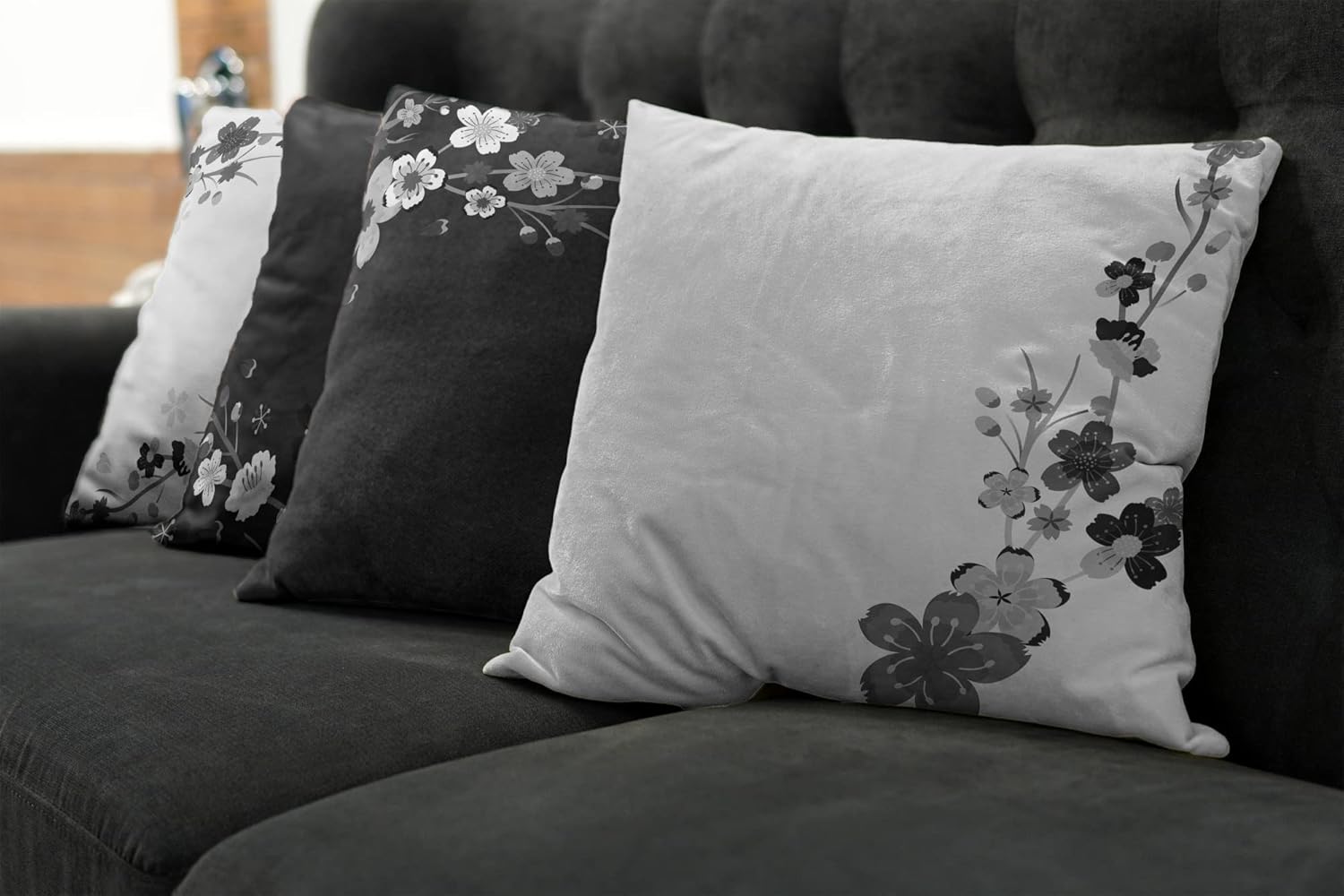 Ambesonne Cherry Blossom Throw Pillow Cushion Case Pack of 4, Pastel Colored Spring Blooming Branches Sakura Japanese Themed Motif, Modern Accent Double-Sided Printing, 20" x 12", Dark Grey