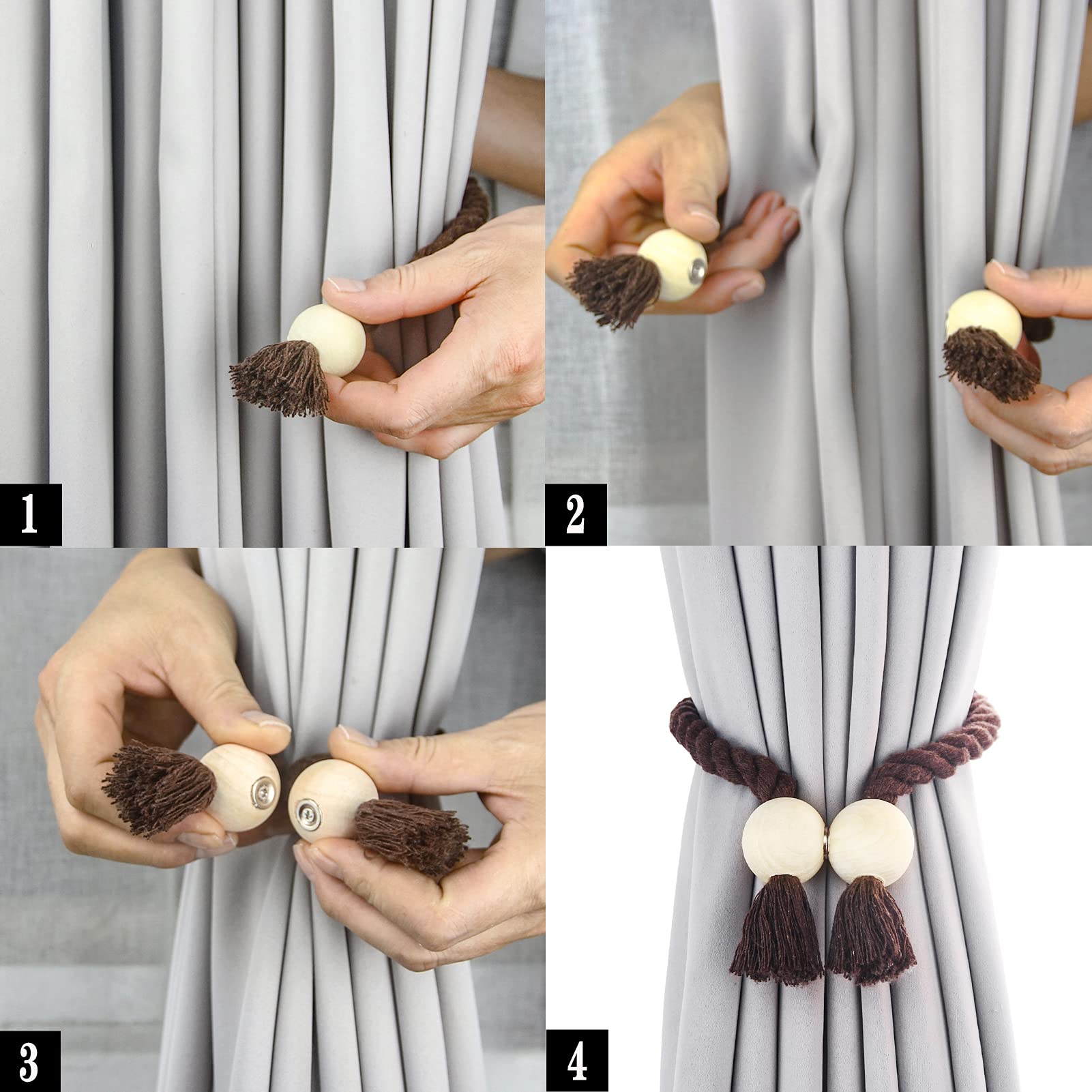 Confezione da 6 fermatende magnetici per tende in cotone intrecciato a mano, fermatenda decorativi per tende con fibbia in legno resistente, non sono necessari attrezzi