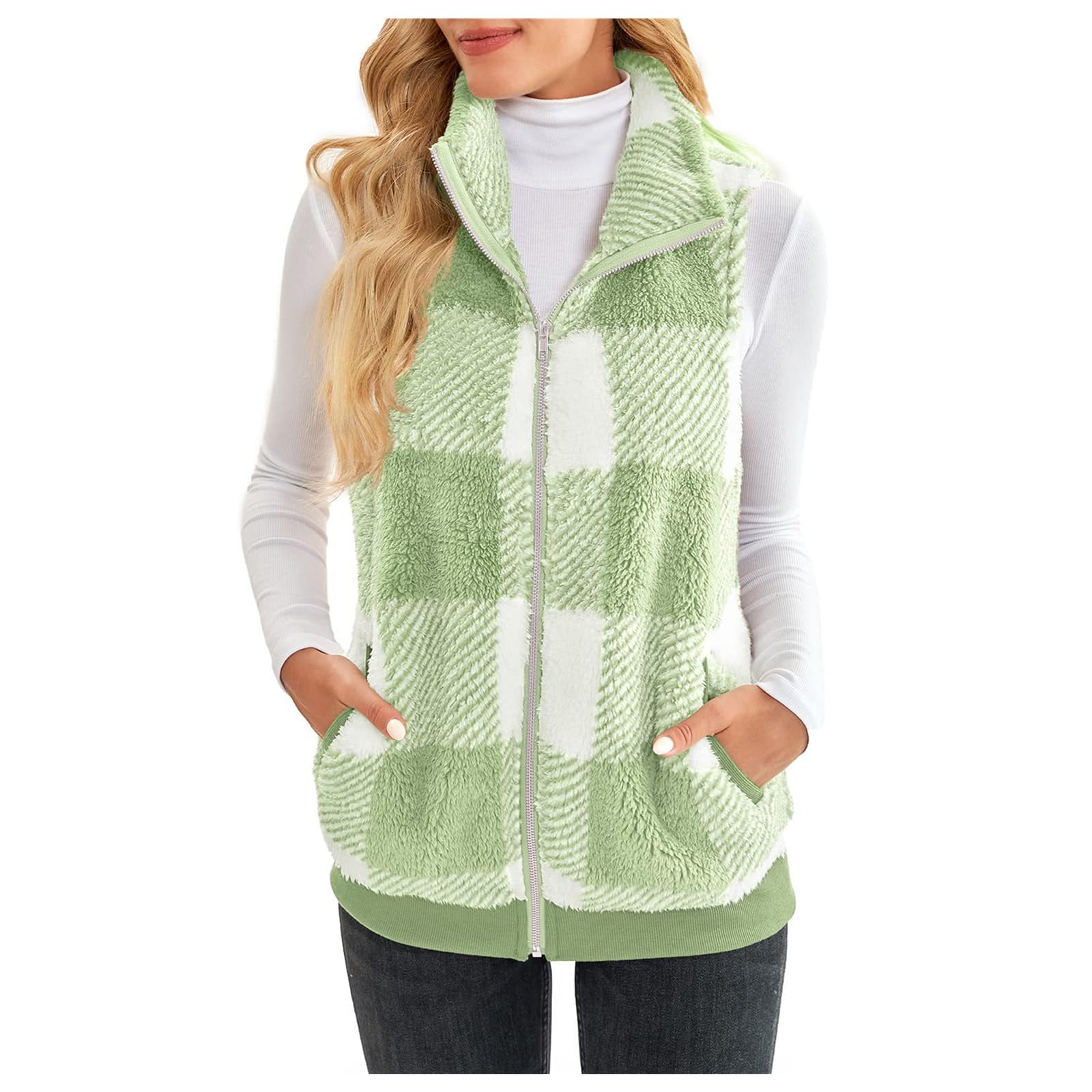 Womens Fuzzy Sherpa Fleece Jacket Lightweight Vest Cozy Sleeveless Cardigan Full Zip Waistcoat Outerwear with Pockets