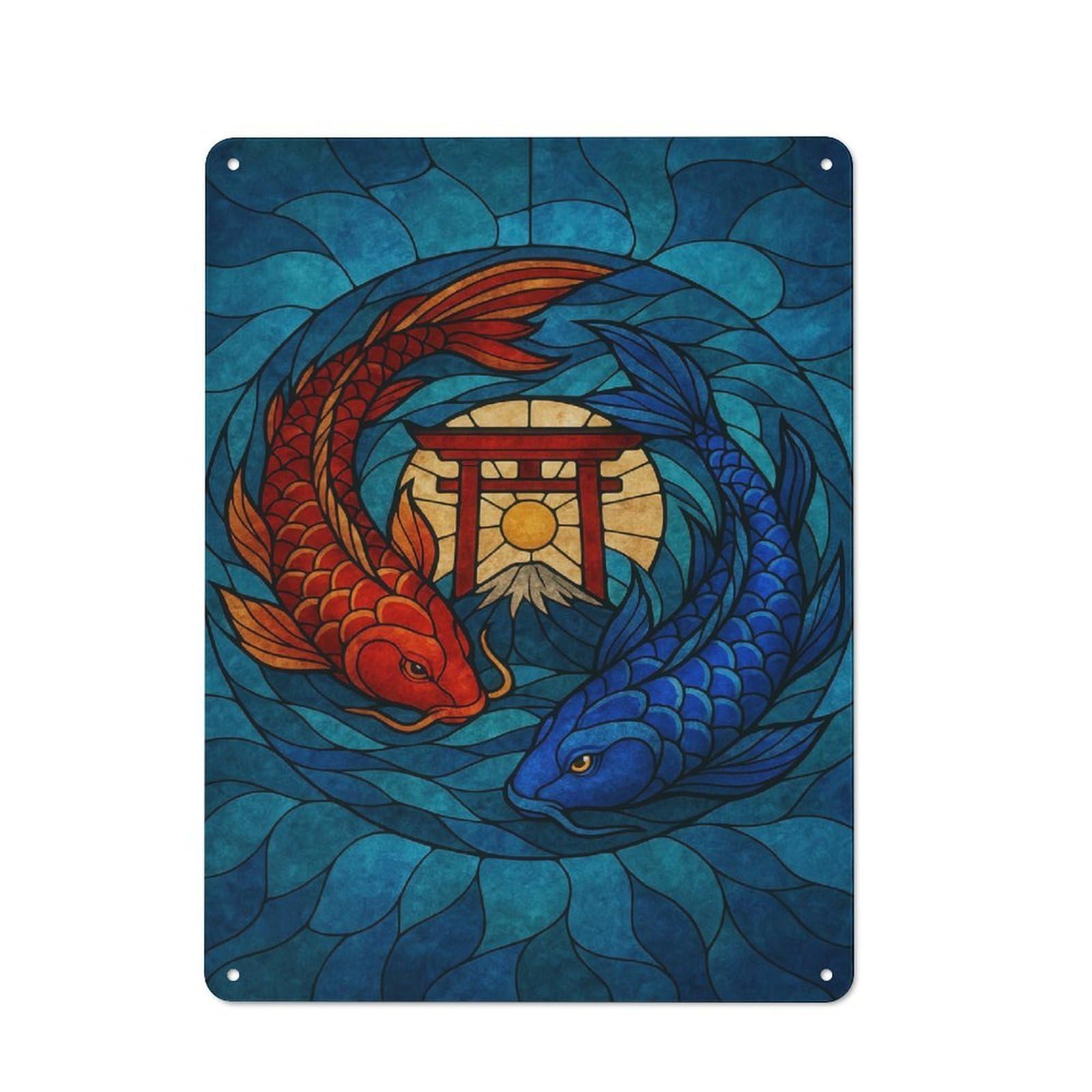 Junmoney Style-21 Tin Sign 40X30cm With Koi Fish Yin Yang Stained Glass For Workshop Wall, Retro Decor, For Metal Sign Collectors, For Cafés, Pubs And Restaurants