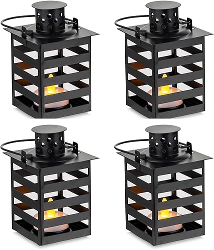 Romadedi Faroles negros vintage decorativos, 4 unidades, mini farol Haning con velas LED parpadeantes para Halloween, Navidad, mesa de boda, centros