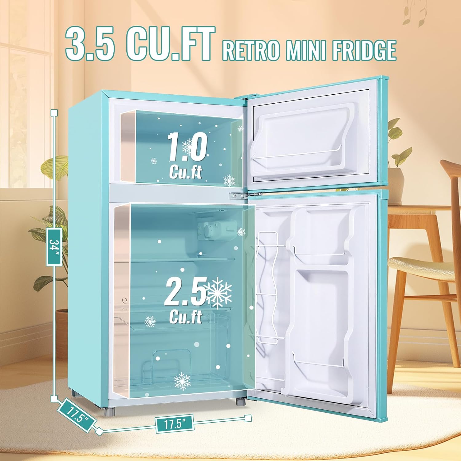 WANAI 3.5 Cu.Ft Mini Fridge with Freezer, Freestanding Refrigerator for Office, Dorm, Apartment, 7-Level Adjustable Thermostat, 2 Removable Shelves and Bakset, Small Fridge in Blue