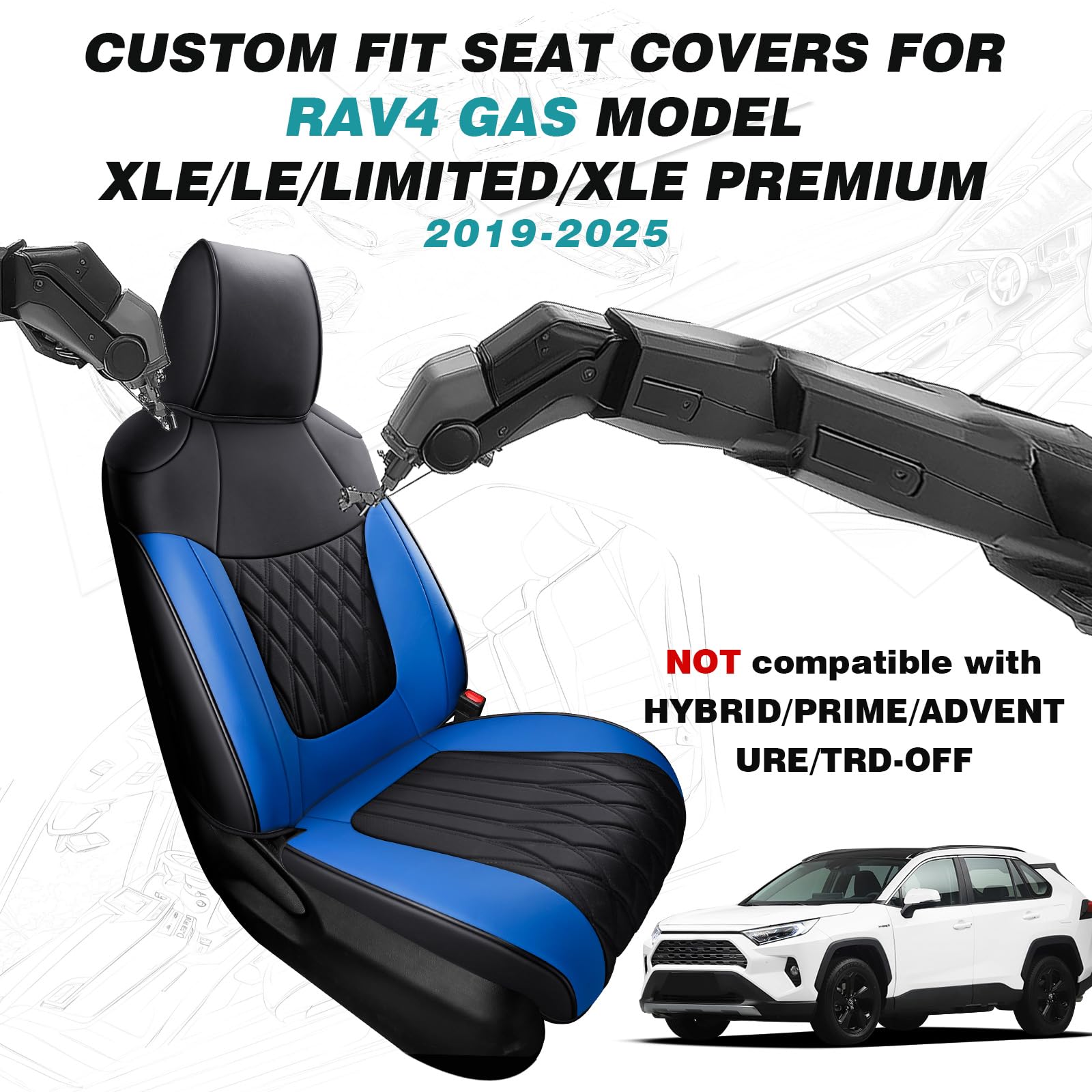TGKUD Custom Fit Seat Covers For Toyota RAV4 2019-2025 - Full Set PU Leather (Black & Gray) - View #6