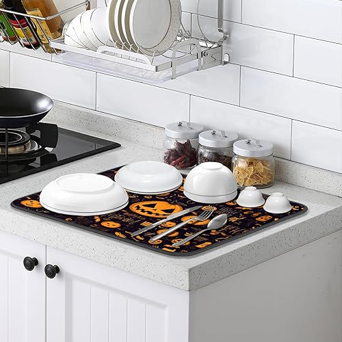 Miniatura 6 de Alfombrillas de secado de platos de calabaza gótica feliz para encimera de cocina, 24 x 18 pulgadas, decoración gótica, almohadilla de secado de