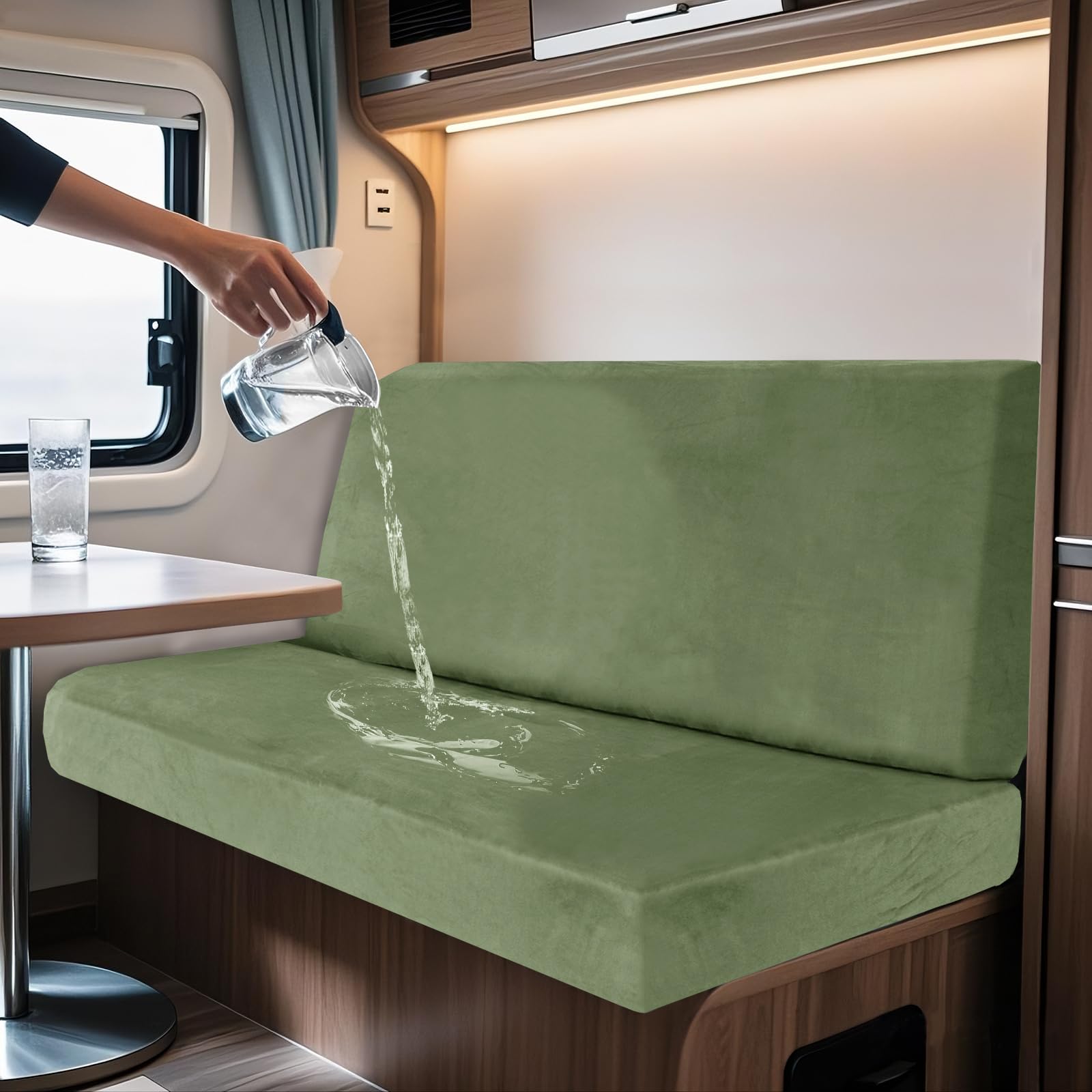 SYLC 2 Piece Waterproof Caravan Seat Covers and Backrest Cover, Non-slip Motorhome Dinette Cushion Covers with Ties, Stretch Campervan Seat Covers Velvet (Mint green,Rectangular L)