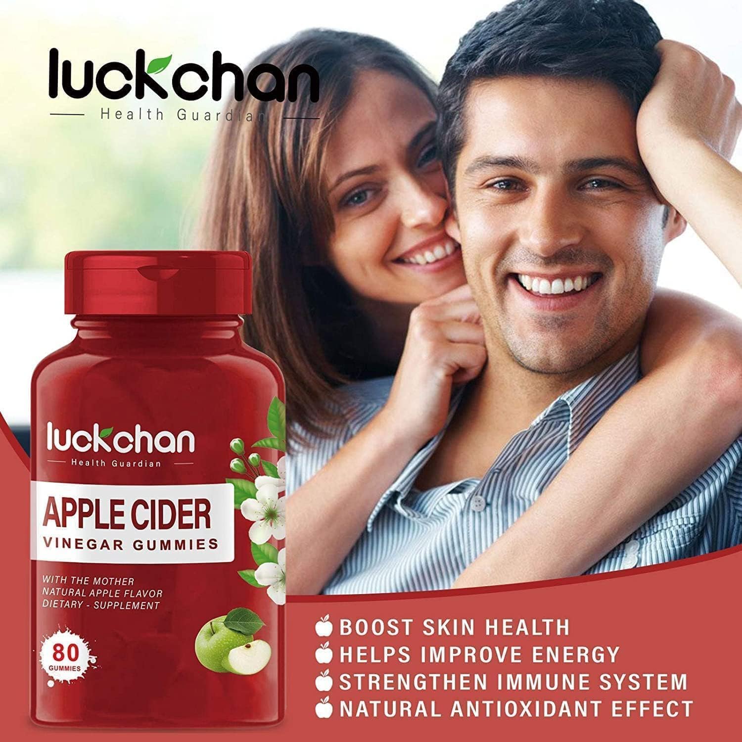 LUCKCHAN Apple Cider Vinegar Gummies with Mother - Maximum Strength - ACV Gummies Weight Management Supports Digestion Supplement for Sugar-Free Vitamins B9 & B12, Gluten-Free Adult & Kids (2 Packs)