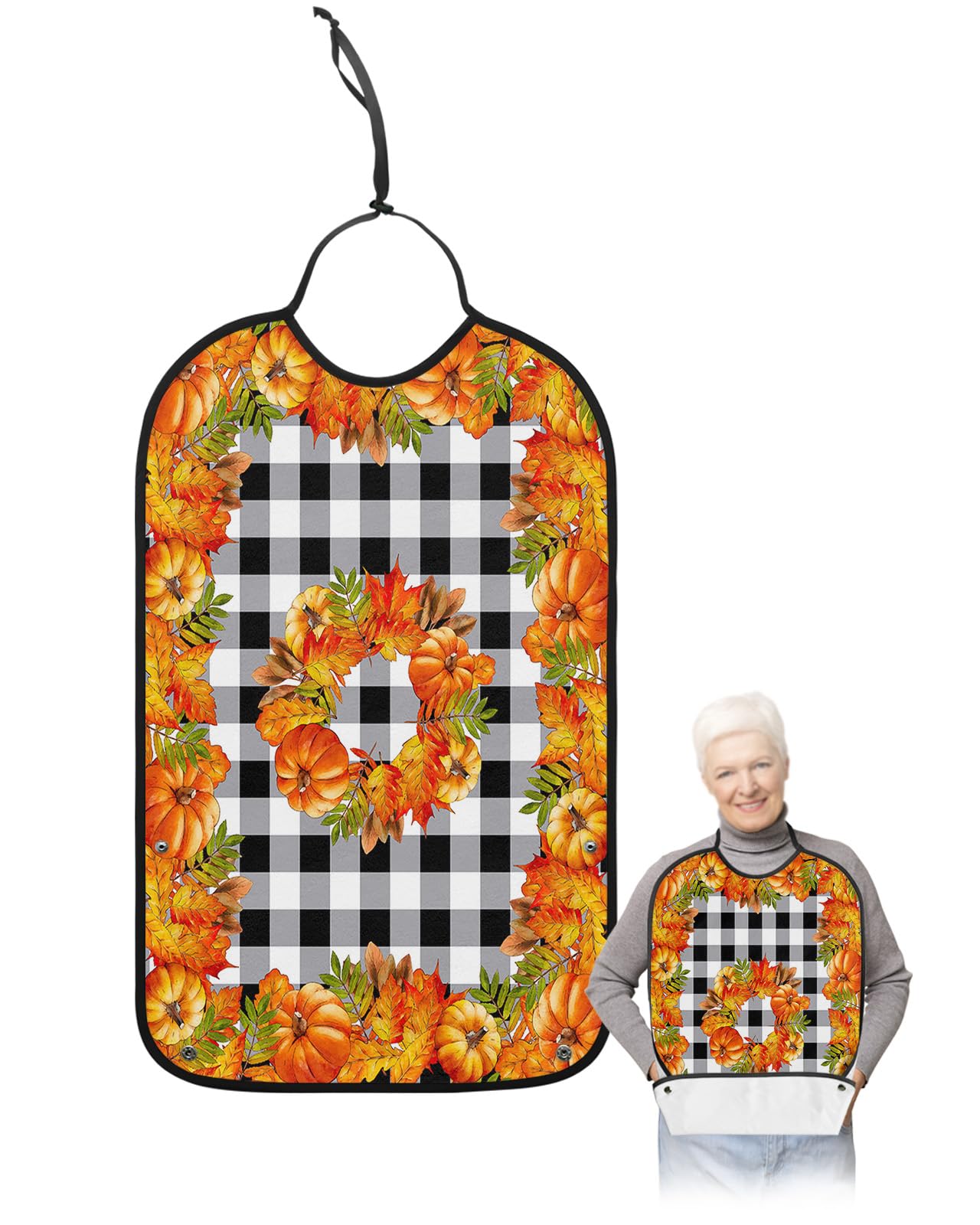 Kewadony Adult Bibs for Elderly Women - Thanksgiving Pumpkin Waterproof Dining Clothing Protectors with Crumb Catcher for Eating/Feeding, Farmhouse Maple Leaf Plaid Terry Cloth Bib Machine Washable