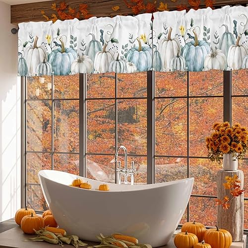 Miniatura 6 de Cortina de cenefas de otoño con diseño de calabaza azul, para Acción de Gracias, cortinas de cocina con hojas y plantas, decoración de ventana para