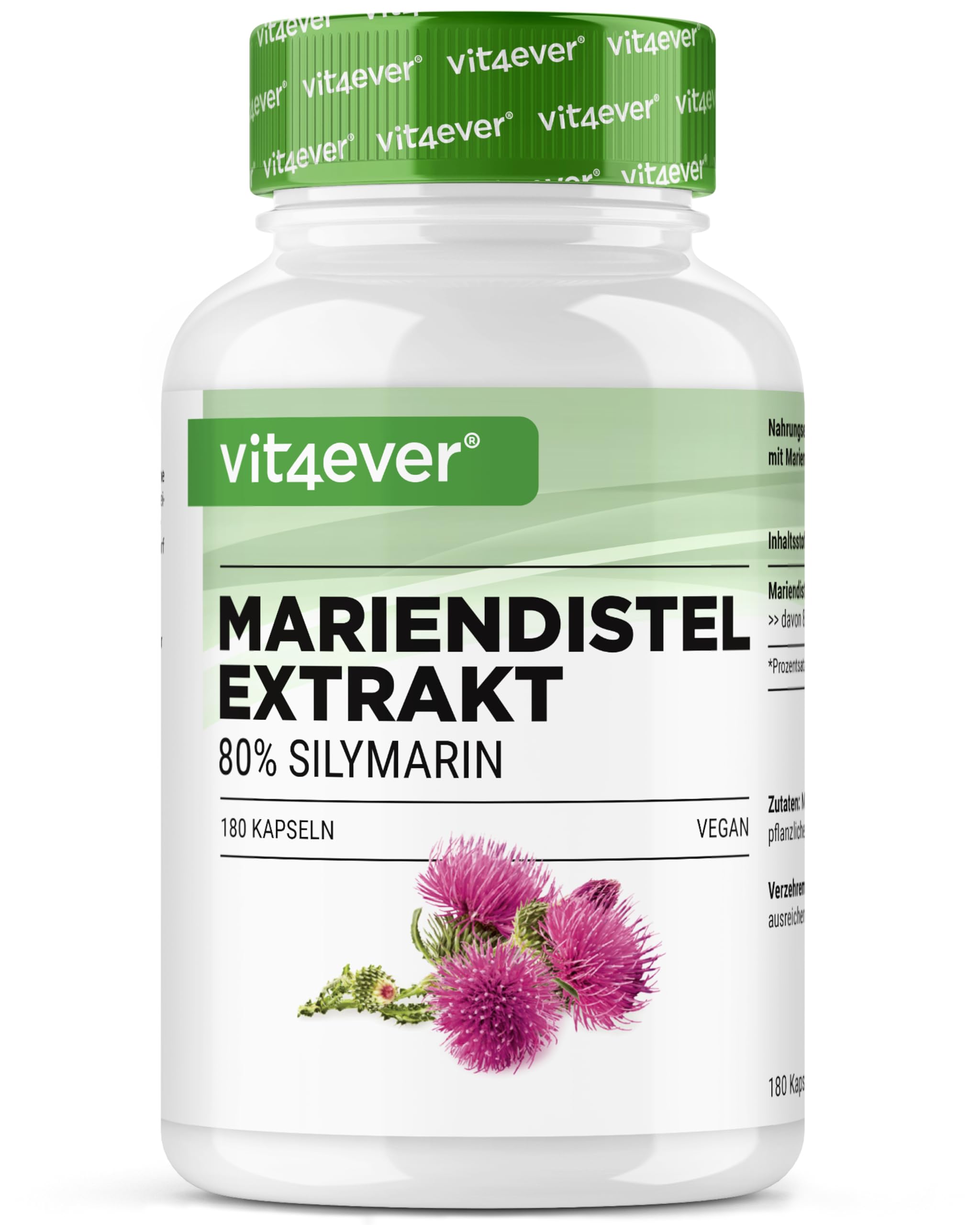 Estratto di cardo mariano 180 capsule da 500 mg ciascuna - 80% contenuto di silimarina - Fornitura per 6 mesi - Altamente dosato - Vegan