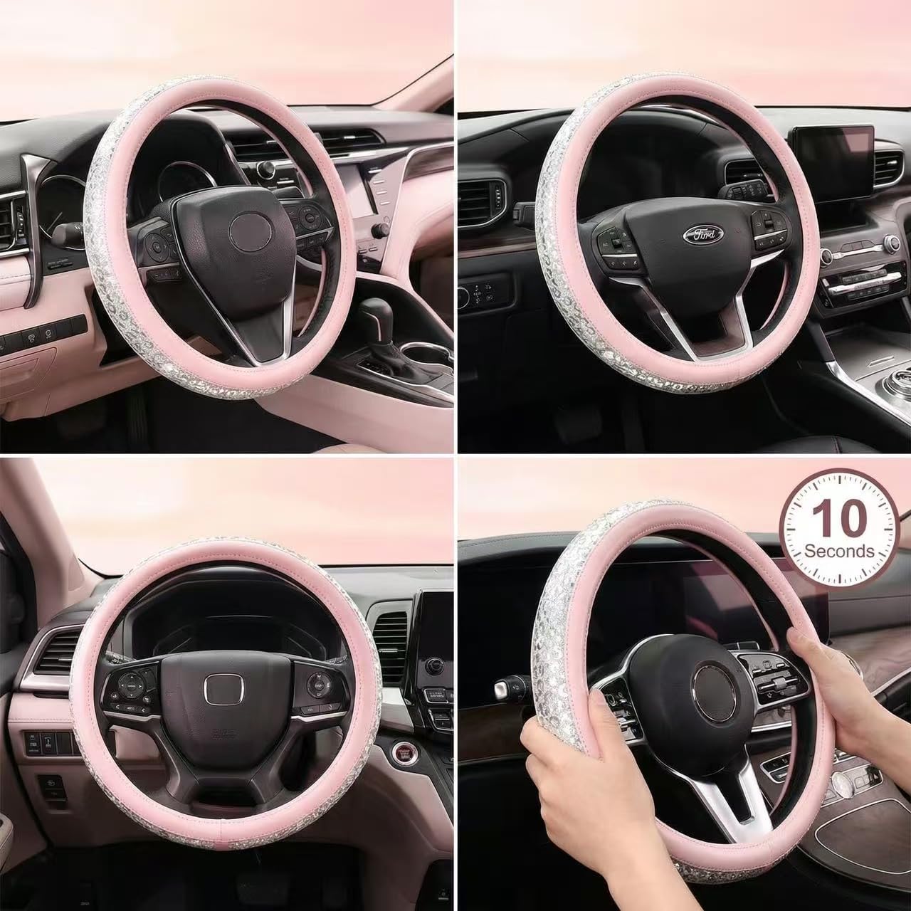 Pink Steering Wheel Cover with Rhinestone, Glitter Crystal Leather Non-Slip Car Wheel Protector, Universal Fit for Auto SUV Truck, 14.5-15 Inch