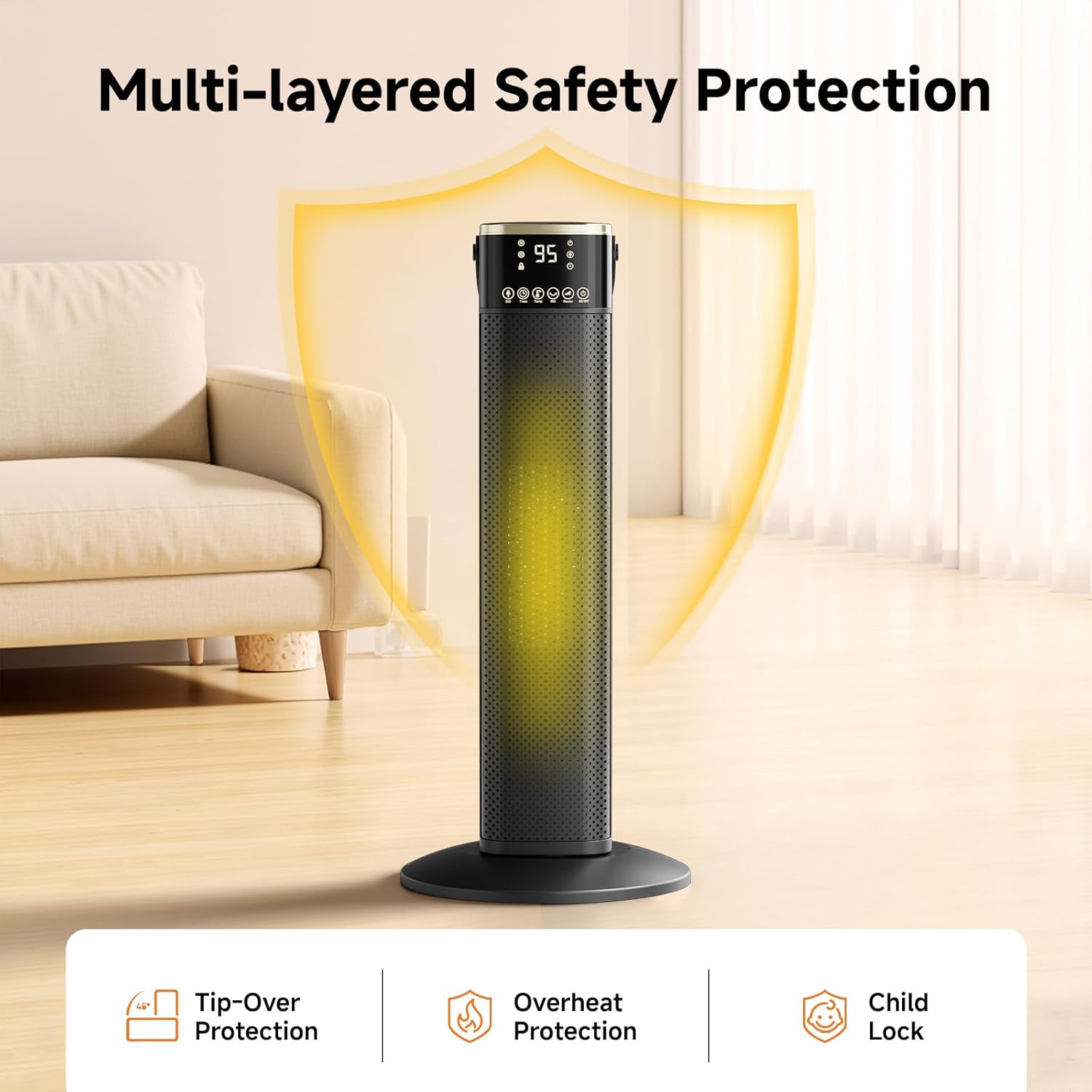 Space Heater for Indoor Use, 1500W PTC Ceramic Electric Heater with Thermostat, 45° Oscillation, 12H Timer, Remote Control, Tip-Over & Overheat Protection for Office, Bedroom, Home