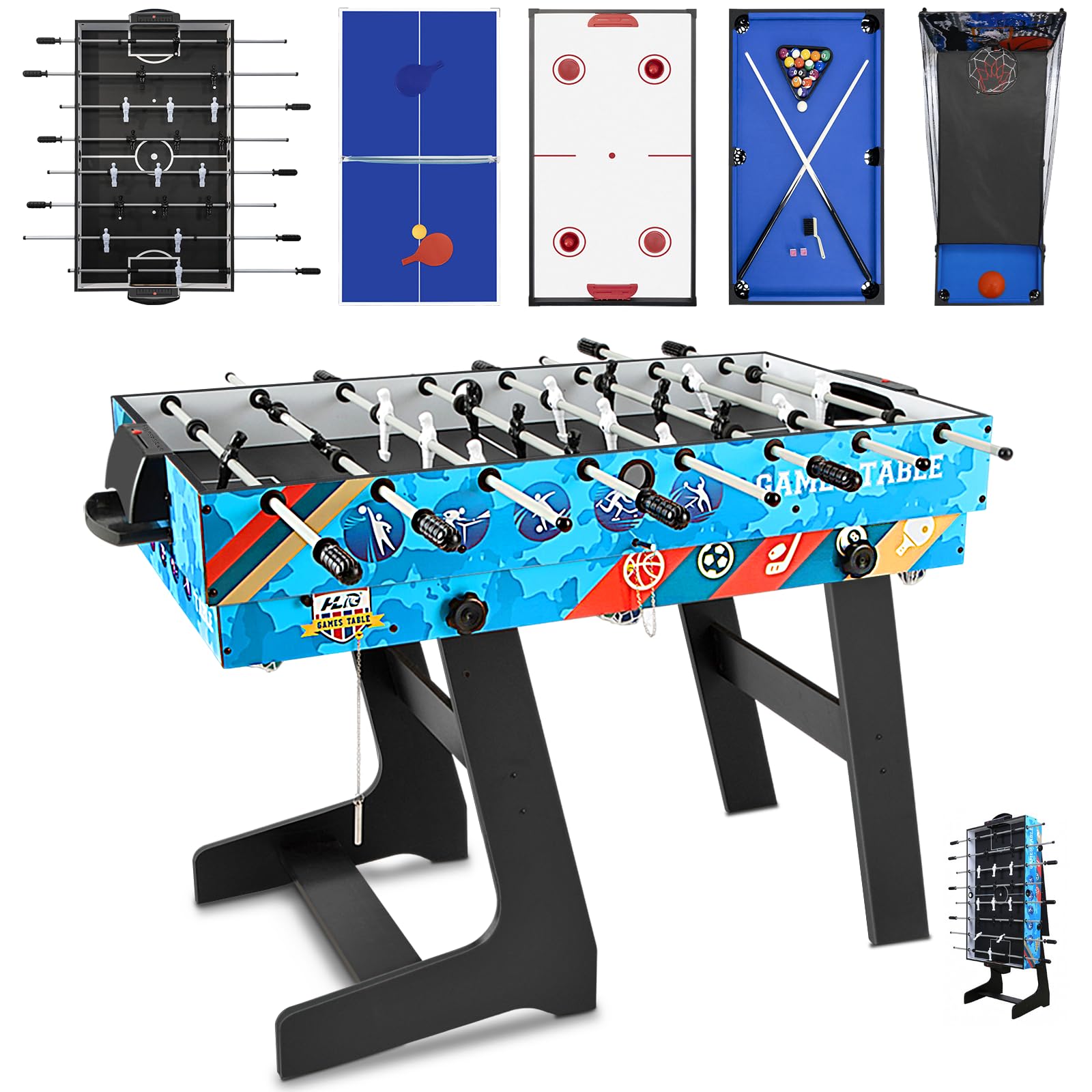 Klappbarer Multifunktionsspieltisch (123 cm) – 5-in-1: Tischfußballtische, Airhockey Tisch, Billardtisch, Tischtennis, Basketball – Für 2-4 Personen – Wohnzimmer, Party, Freizeit