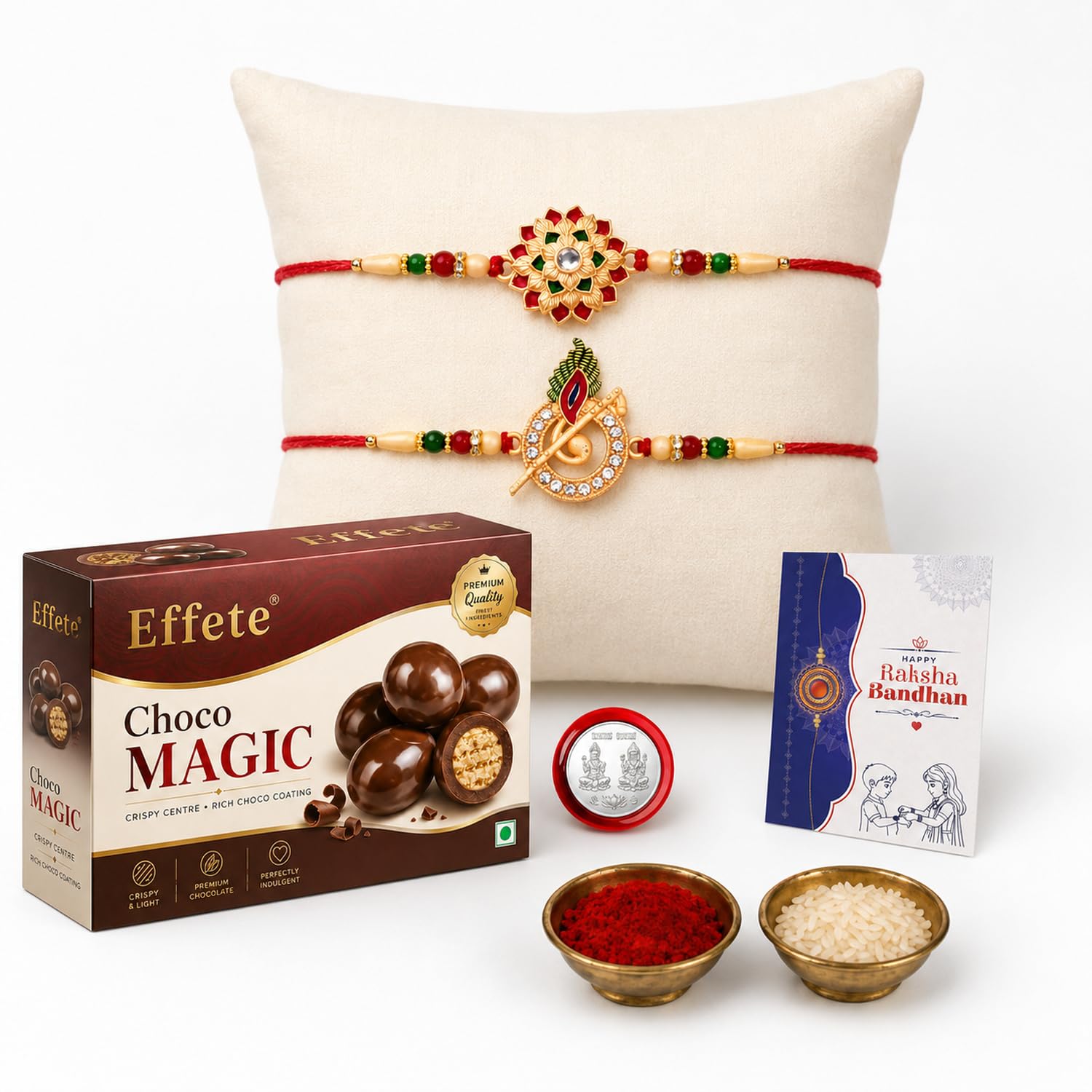 DeoDap Rakhi with Chocolate for Brother – Sunflower & Flute Design Rakhi 2 Pc with Choco Magic Chocolate 32 GM, Silver Color Pooja Coin, Greeting Card & Tilak Set– Traditional Raksha Bandhan Pack