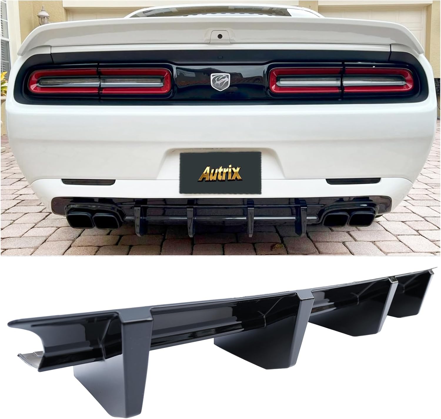 Rear Bumper Diffuser for 2015–2024 Dodge Challenger, Rear Diffuser Lip Spoiler Add On 4 Shark Fin Style Matte Black