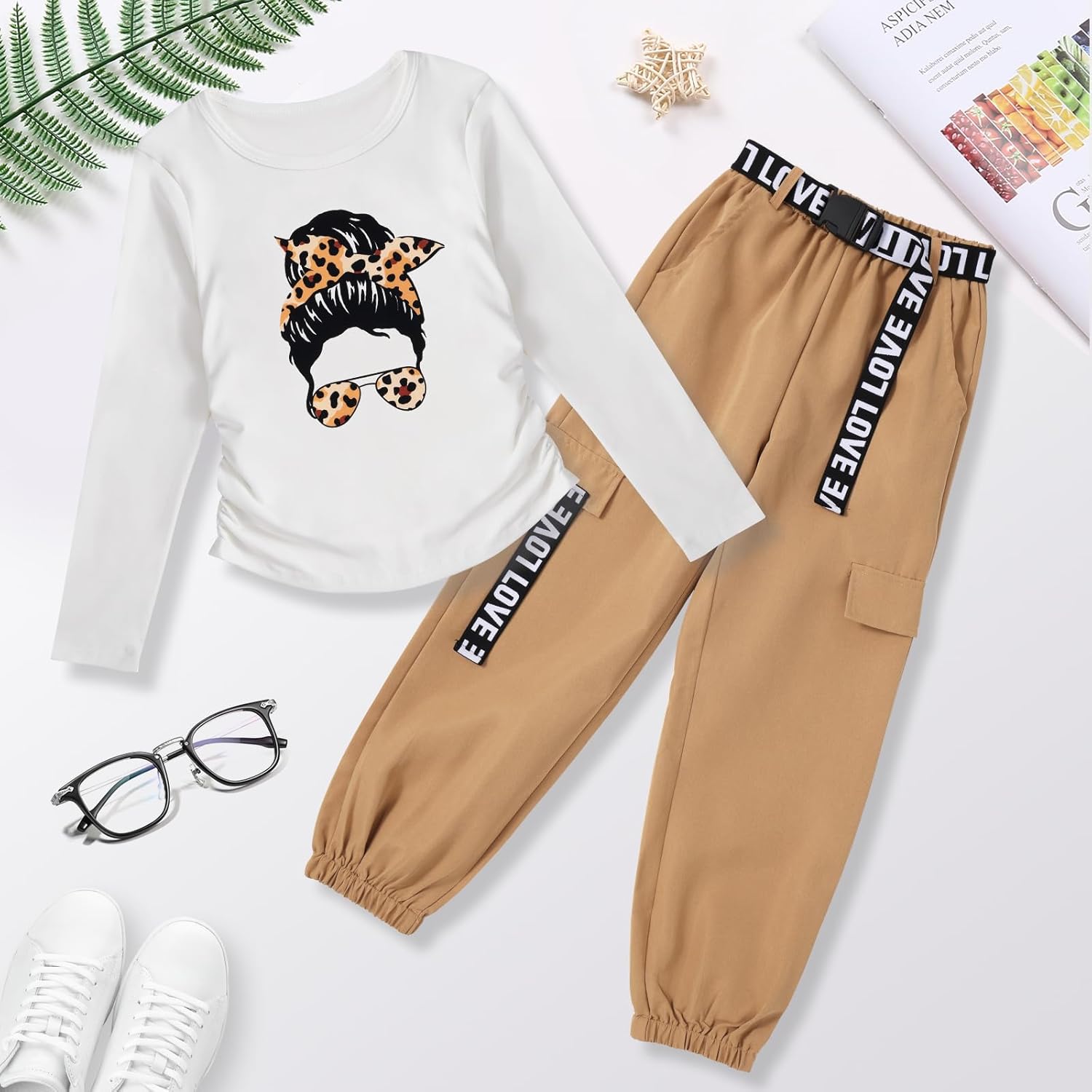 Zupora Girls 2 Piece Outfits Kids Clothes Ruched Top Long Sleeve T Shirt Camo Pants Set Girls' Clothing Sets 6-14 - Image 7