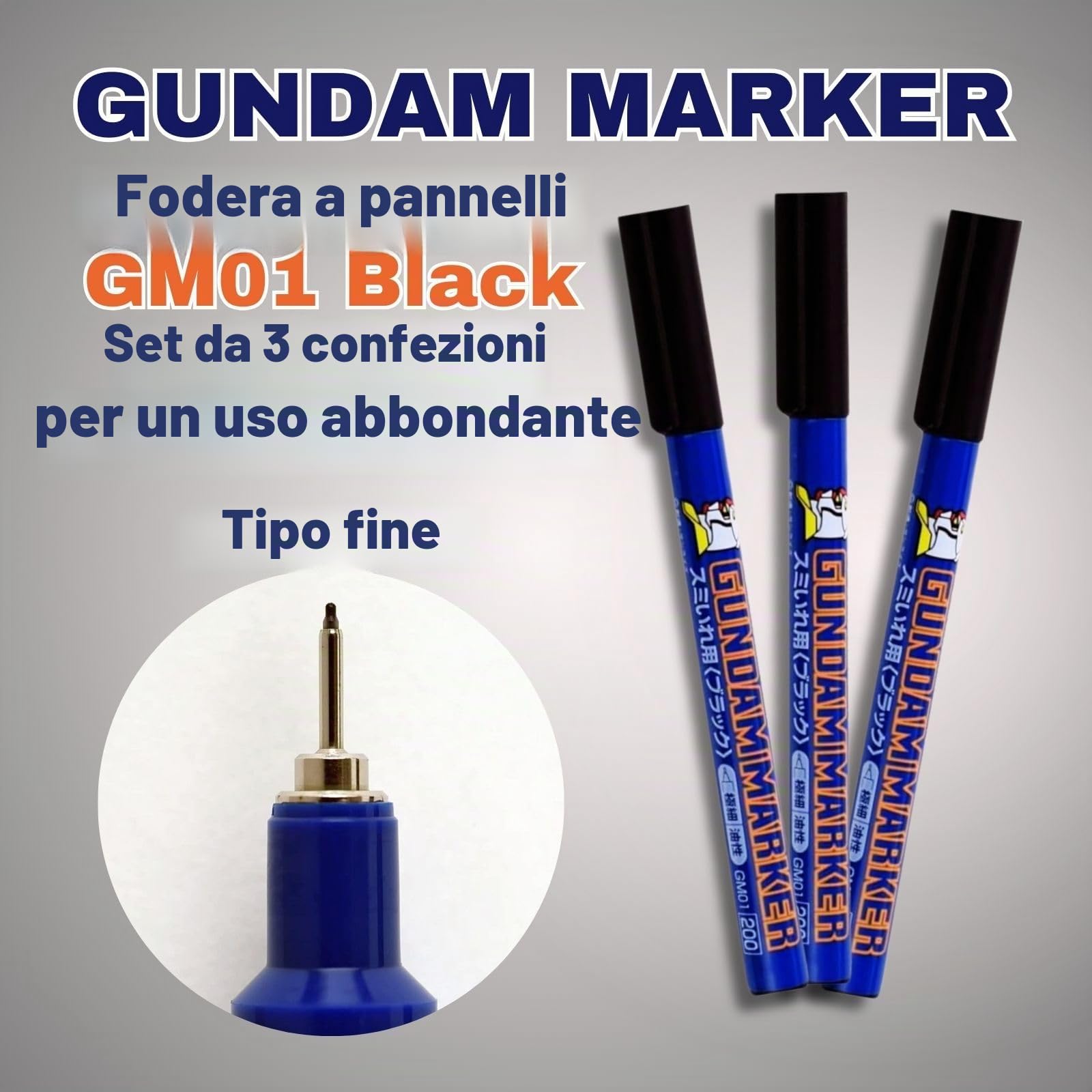 GSI Creos Gundam - Pennarello ultra fine per rivestimento di pannelli, confezione da 3 pezzi, colore: nero