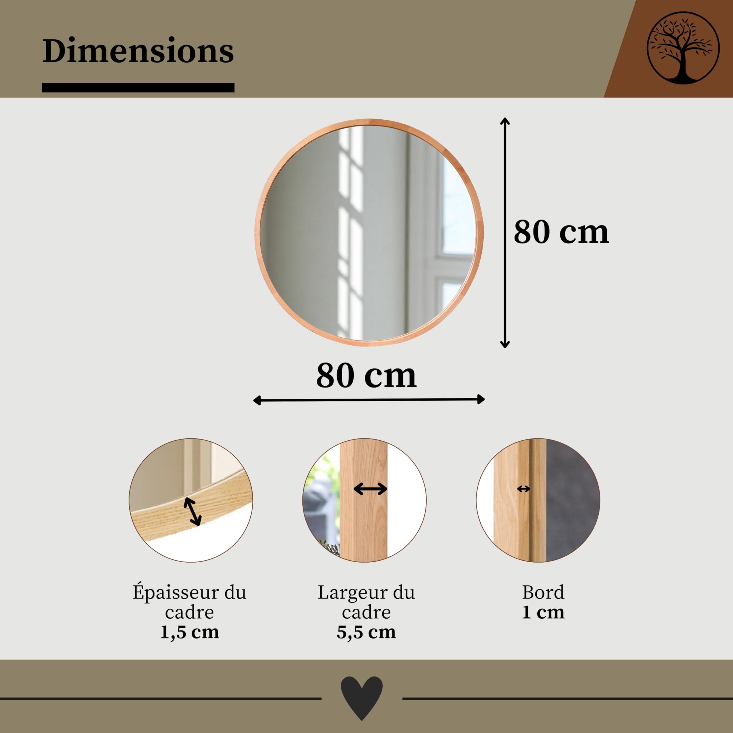 LEJA – Miroir Mural Rond, Cadre en Bois (∅80 cm), chêne – pour Salle de Bain, entrée, Salon, Chambre