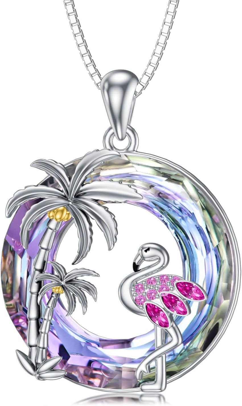 TOUPOP Flamingo Gifts for Women 925 Sterling Silver Flamingo Necklace Palm Tree Pendant Crystal Flamingo Jewelry Birthday Valentines Day Gifts for Women Her Girlfriend