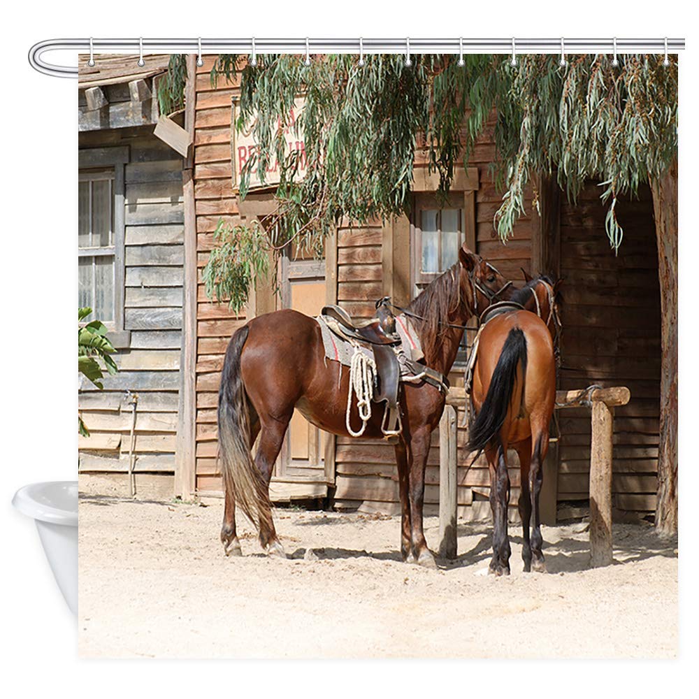 JOOCAR Design Shower Curtain, Horse Rustic Farm Animals in Traditional American Western Town Scenery Rustic Wooden Farmhouse, Waterproof Cloth Fabric Bathroom Decor Set with Hooks