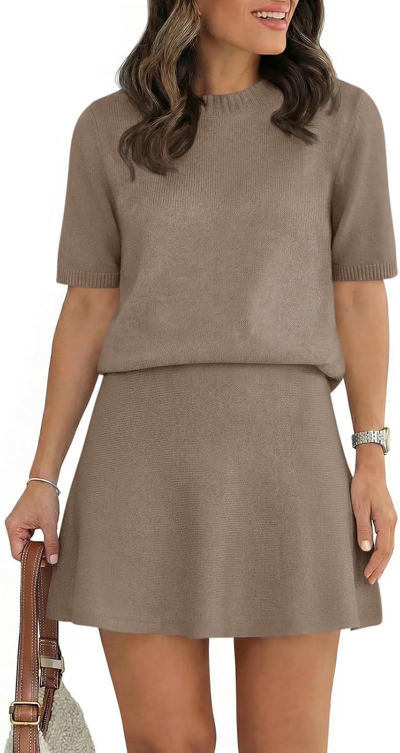 Saodimallsu Womens Lounge Sets Short Sleeve Sweater Summer Outfits 2 Piece Skirt Sets Mini Skirts Knit Sweater Set