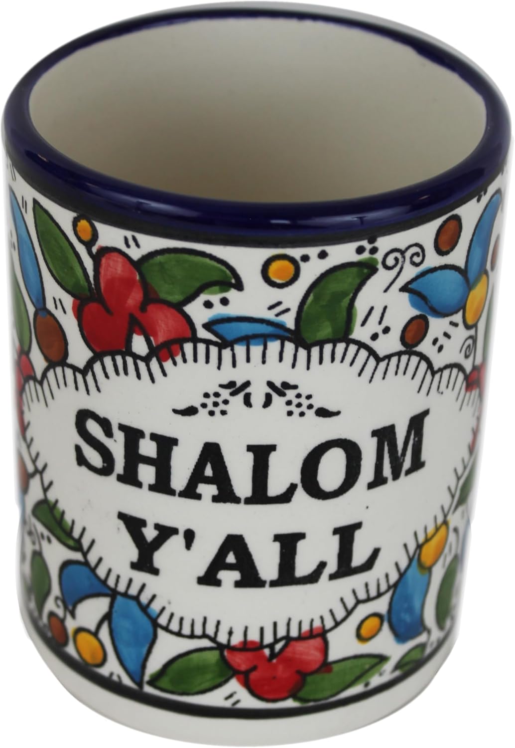 Holy Land Market Armenian Ceramic Coffee Cup – Shalom Y’all Large 4-inch Hand Made Ceramic Cup, 12 oz, Hand Painted Pottery Made in Jerusalem, Armenian Ceramic Gift