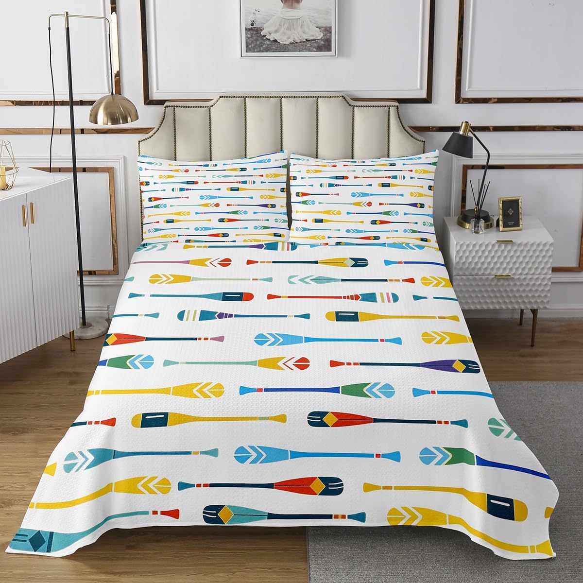 Homewish Colorful Paddle Bedspread Twin Size,Sailboat Ship Bedding Sets 2Pcs for Kids Girls Boys Room Decor,Lake House Comforter Set Modern Soft Quilt Coverlet,1 Pillowcase