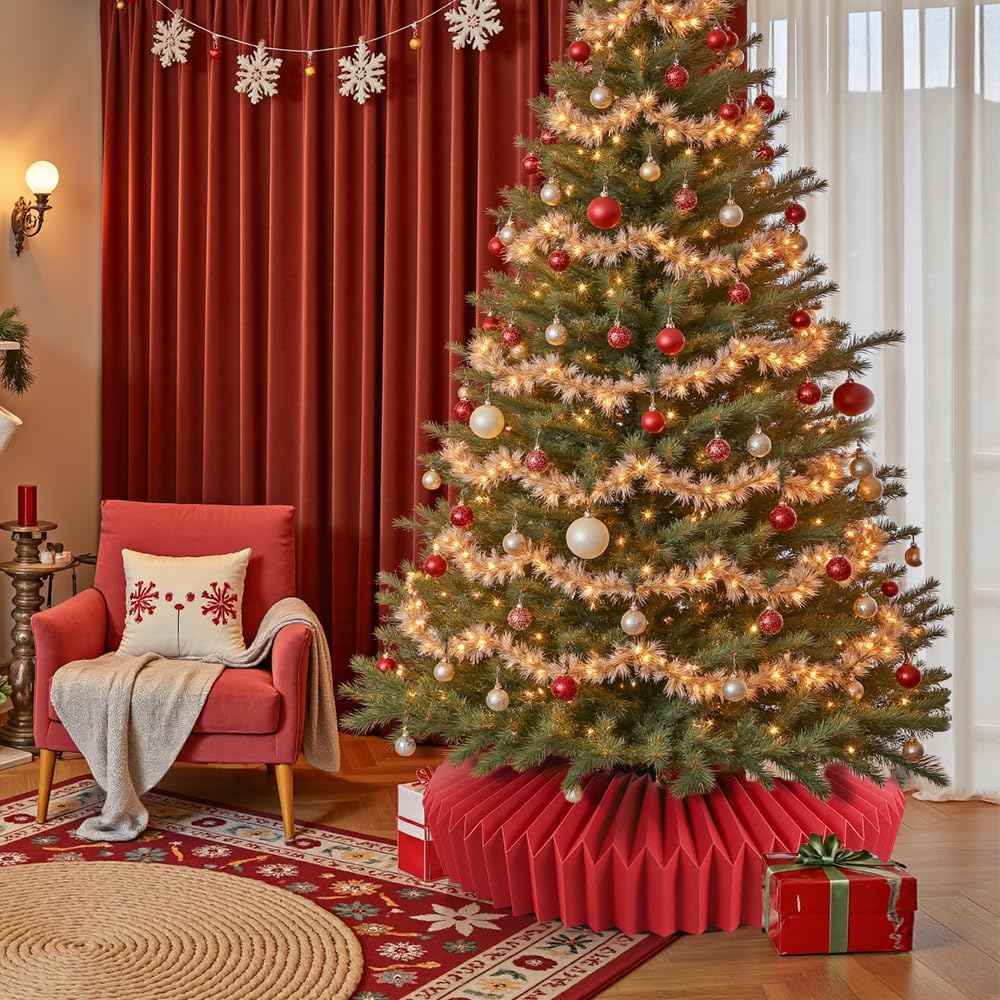 JOICEE Honeycomb Christmas Tree Collar,Foldable Paper Christmas Tree Ring Modern Tree Base Cover Basket Skirt Collars for Artificial Trees Christmas Holiday Home Decoration (Red)