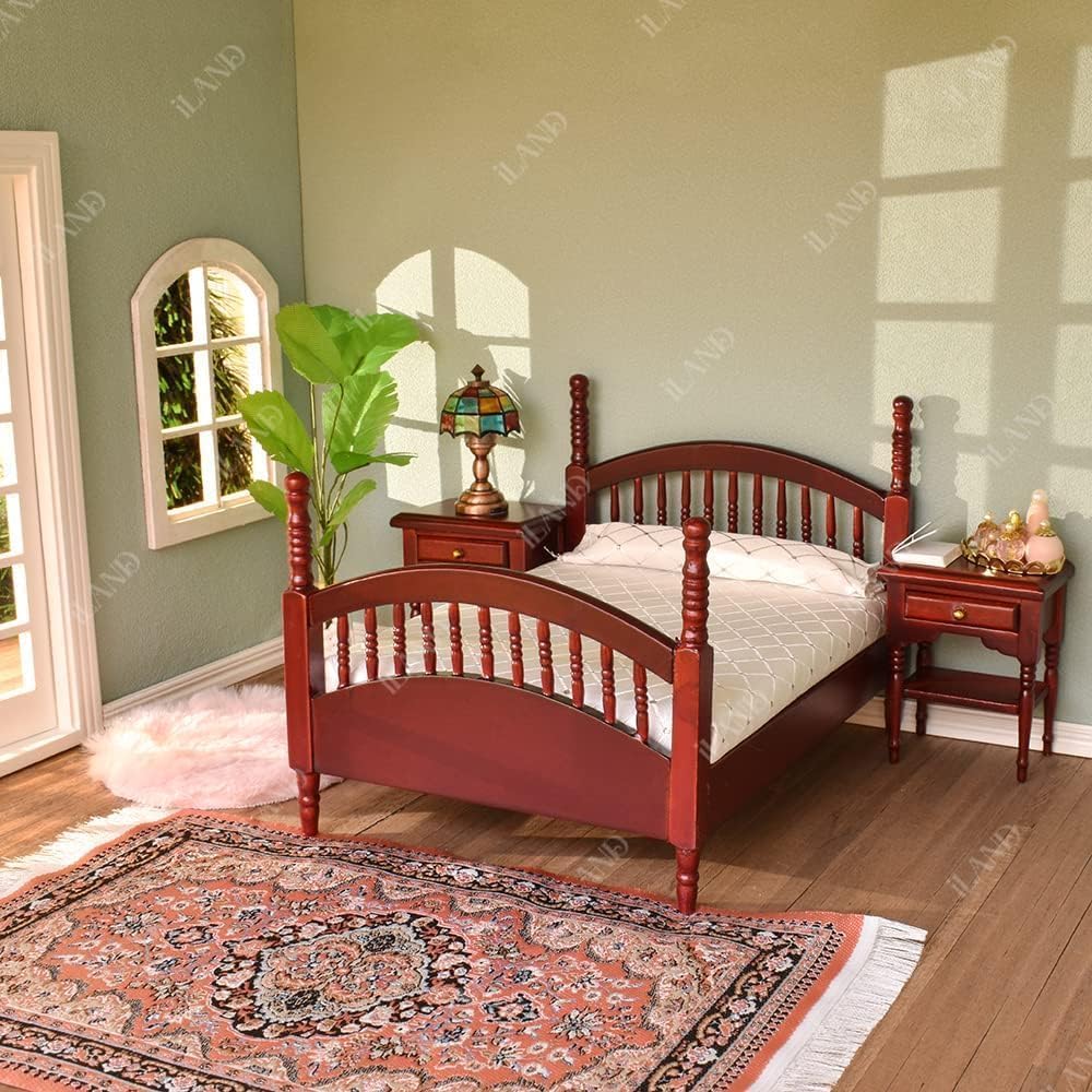 iLAND Vintage Dollhouse Furniture 1/12 Scale, Kids Dollhouse Bedroom Furniture in Mahogany Color incl Dollhouse Bed & Mirror Full Length & Wardrobe & Bedside Table & Rocking Chair (Brewster 7pcs)