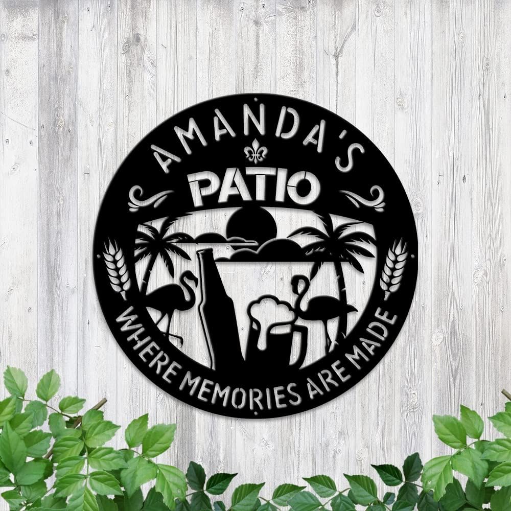 MeMate Patio Sign Outdoor Decor, Personalized Metal Sign for Backyard, Patio, Custom Name Signs for Garden Porch, Deck, Flamingo Beer Large Metal Sign for Outside, Housewarming Gifts