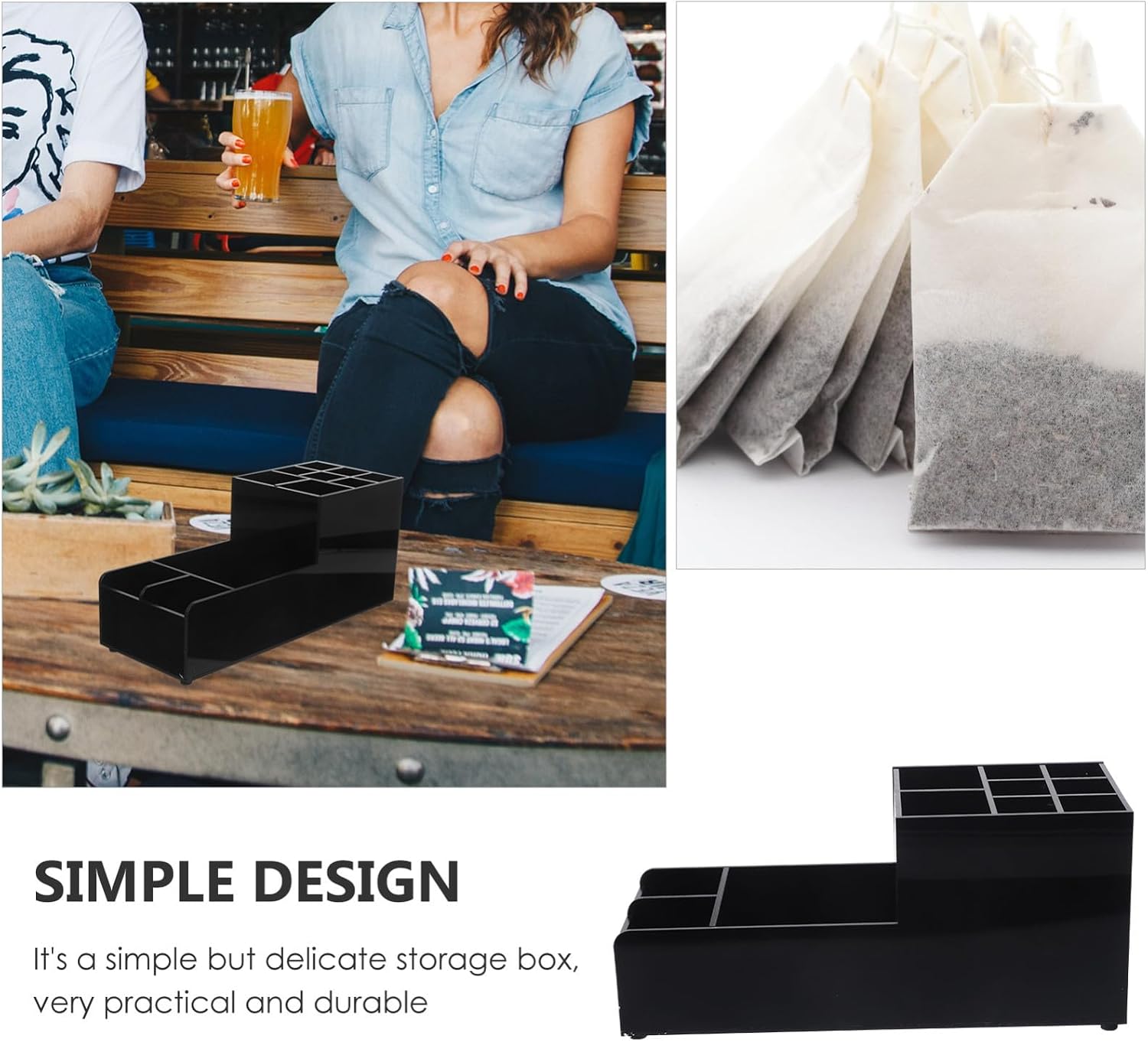 Beavorty Bar Straw Organizer with 11 Compartments, Black Cocktail Bar Tool Caddy Rack for Restaurant Countertop, Multi-use Napkin, Straw, and Condiment Holder
