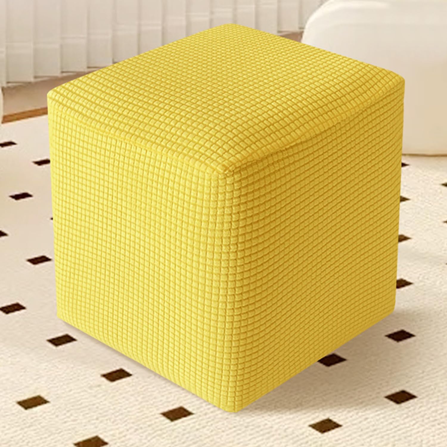 Yellow,35 * 35 * 35cm, Ottoman Cover Square Stretch Soft Footstool Protector Covers Removable Anti-Slip Ottoman Slipcover Comfortable Footstool Cover with Elastic Bottom Machine Washable
