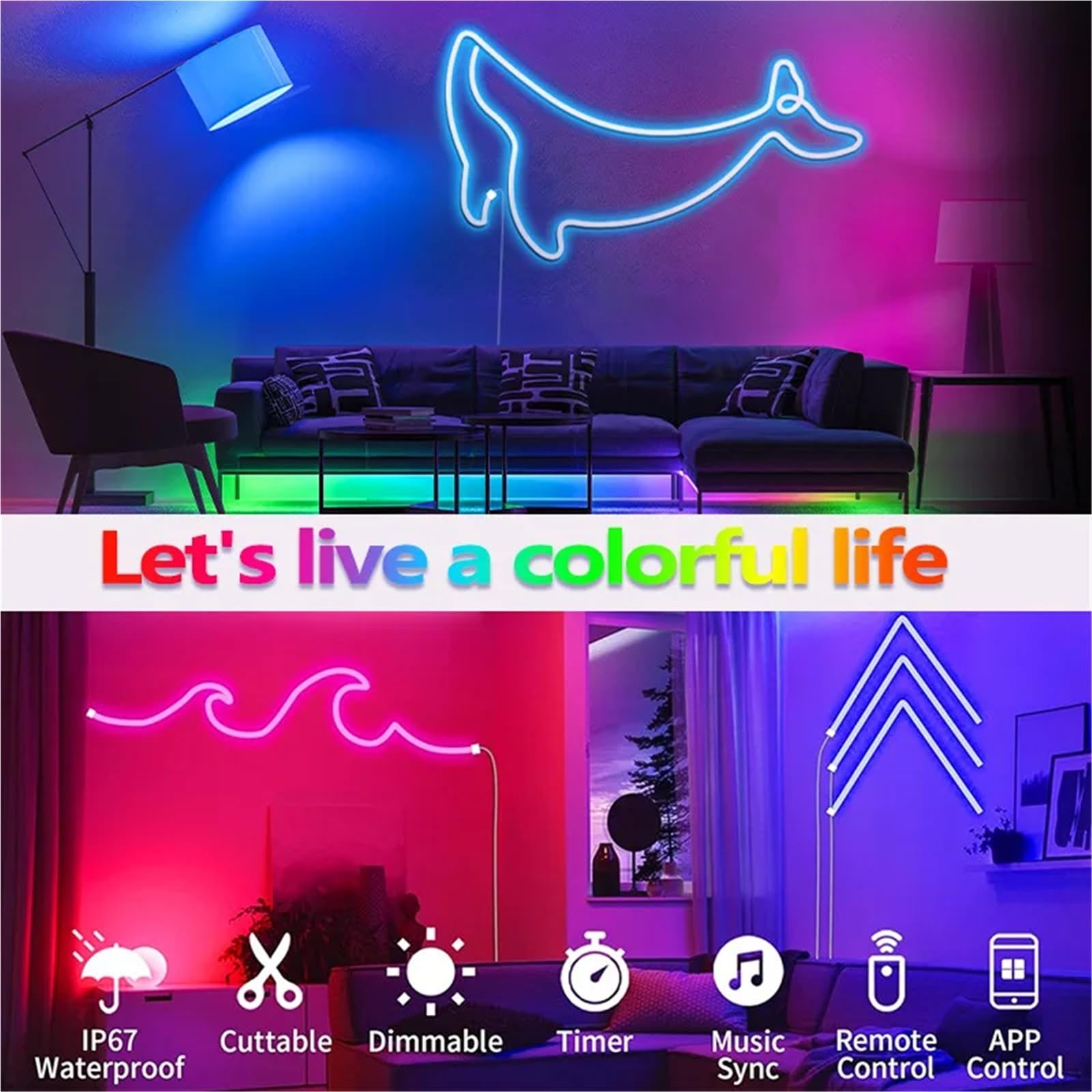 Neon LED Strip Lights 5V 84LEDs/M Silicone Rope Light with Wifi APP Control Music Sync RGB Tape for Room(Tuya wifi control,3m)