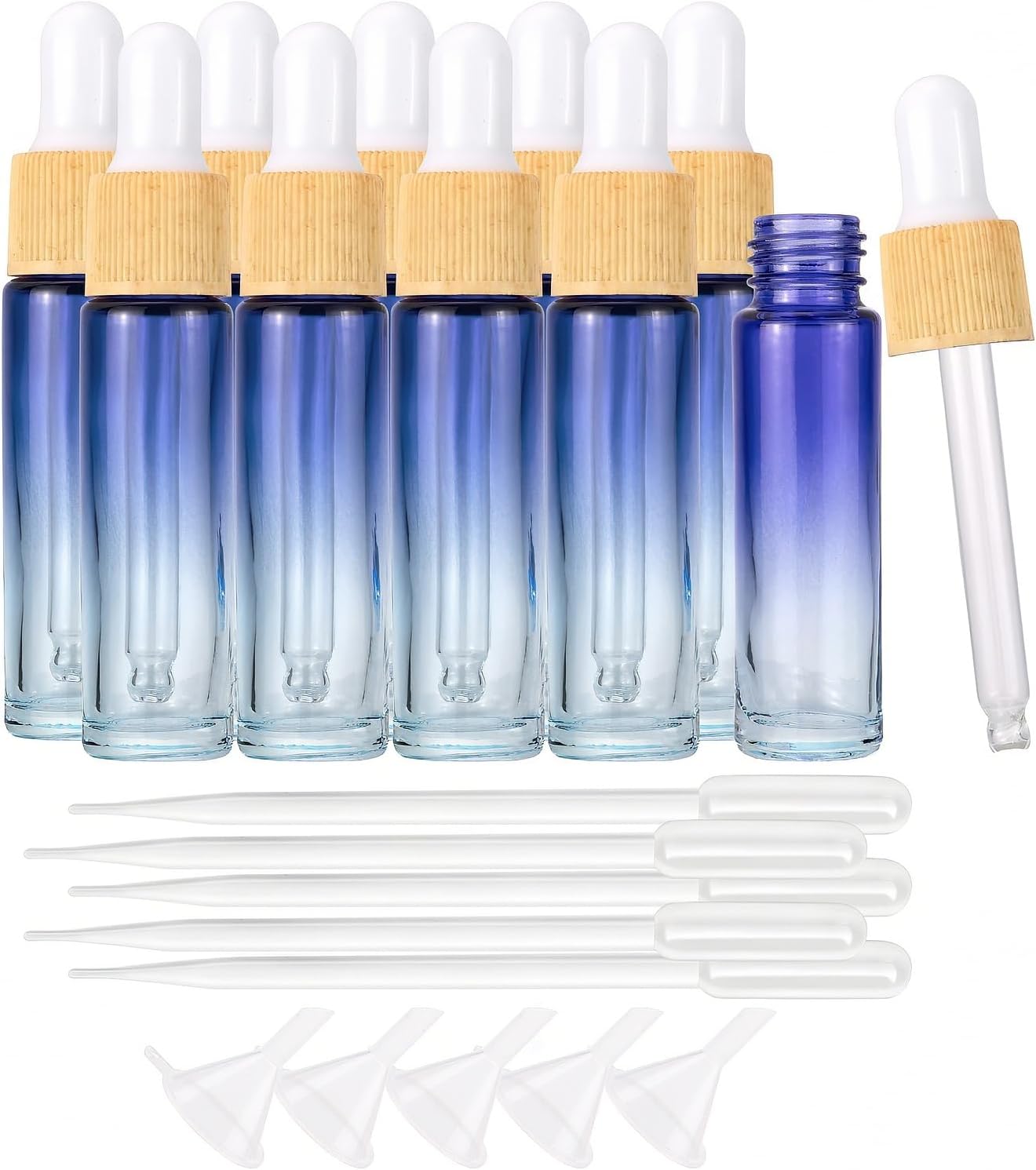 Kesell 10 Pack 10ml Small Glass Essential Oils Dropper Bottle Blue Gradient Color Glass Bottles with Eye Dropper for Travel Mini Sample Containers with 5 Funnels and 5 Plastic Droppers for Perfume