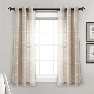 Lush Decor Farmhouse Textured Grommet Sheer Window Curtain Panel Pair, 38"W x 63"L, Neutral