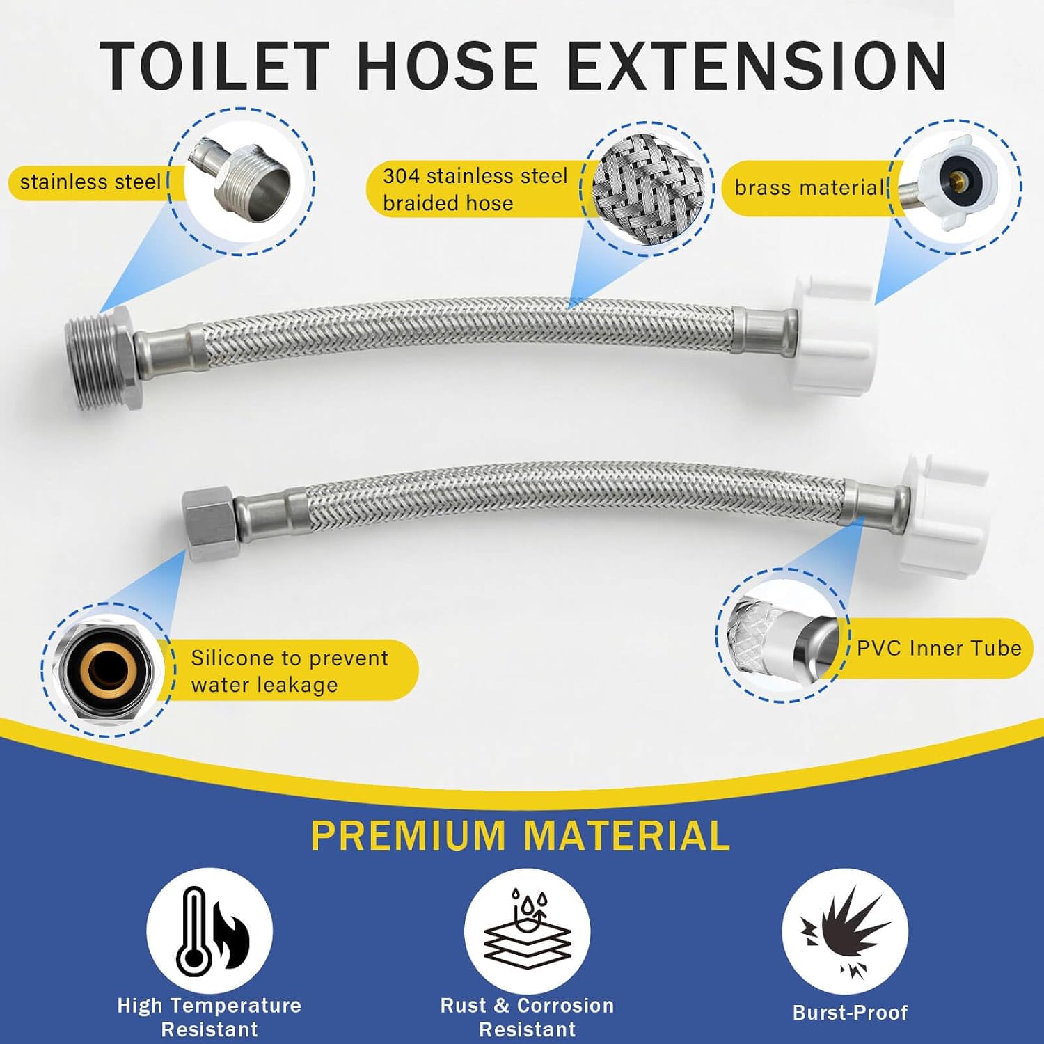 8" Toilet Hose Extension(2pcs) TOTO THU9090R Toilet Water Supply Connector 7/8 Male and 7/8 Female with Flexible Toilet Connector 7/8 Inch Ballcock x 3/8 Inch Stainless Steel Braided Hose