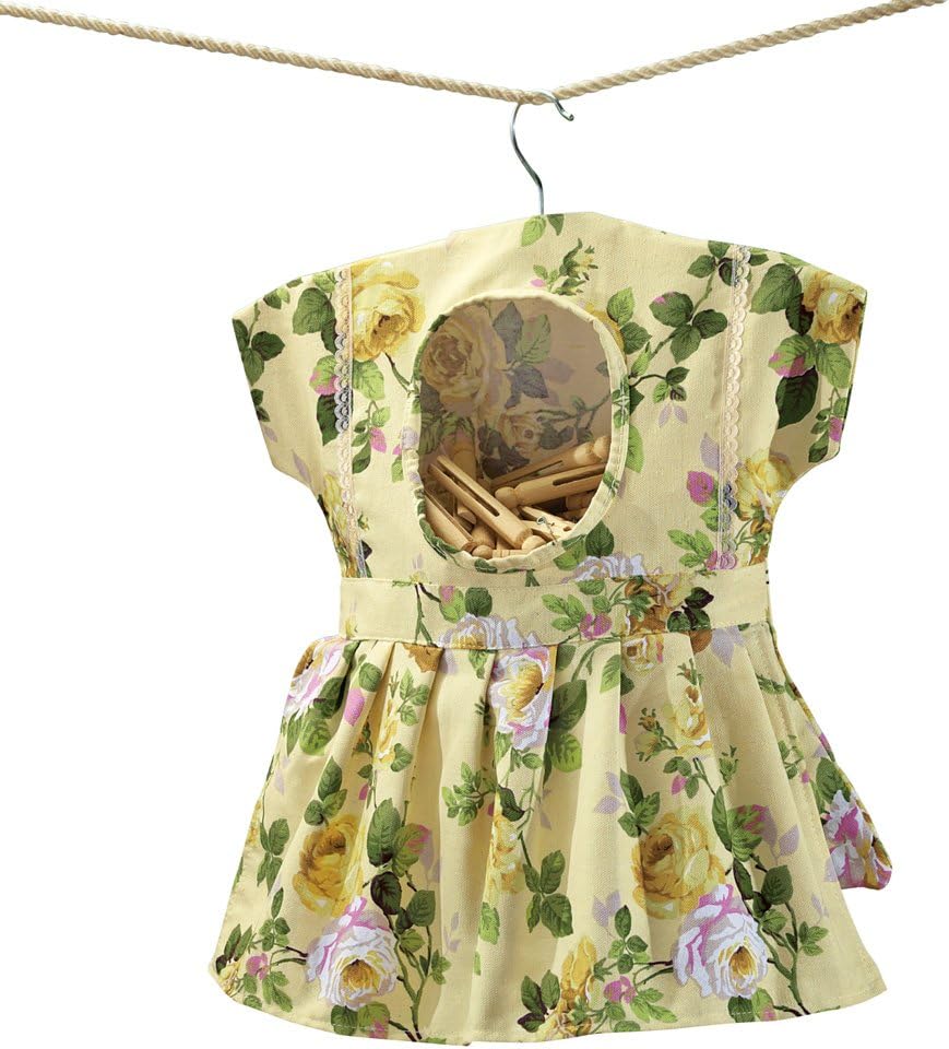 Collections Etc Whimsical Floral Print Dress Hanging Clothespin Bag, Use for Indoor or Outdoor Laundry Drying, Beige